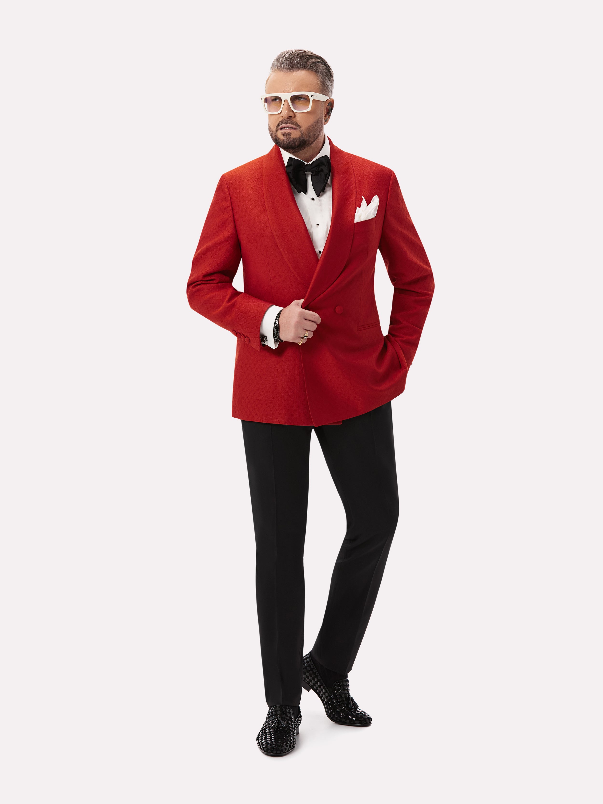 Red tuxedo jacket with two rows of buttons