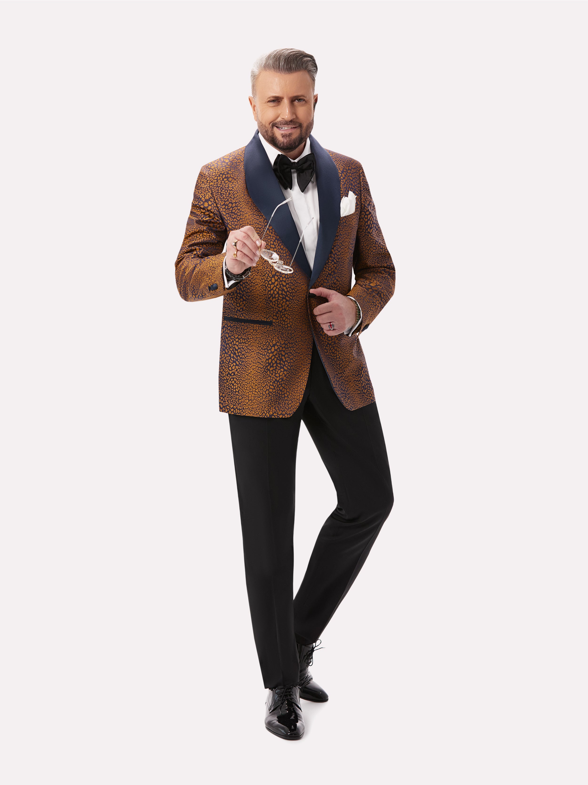 Navy tuxedo jacket with golden animal print made of natural silk