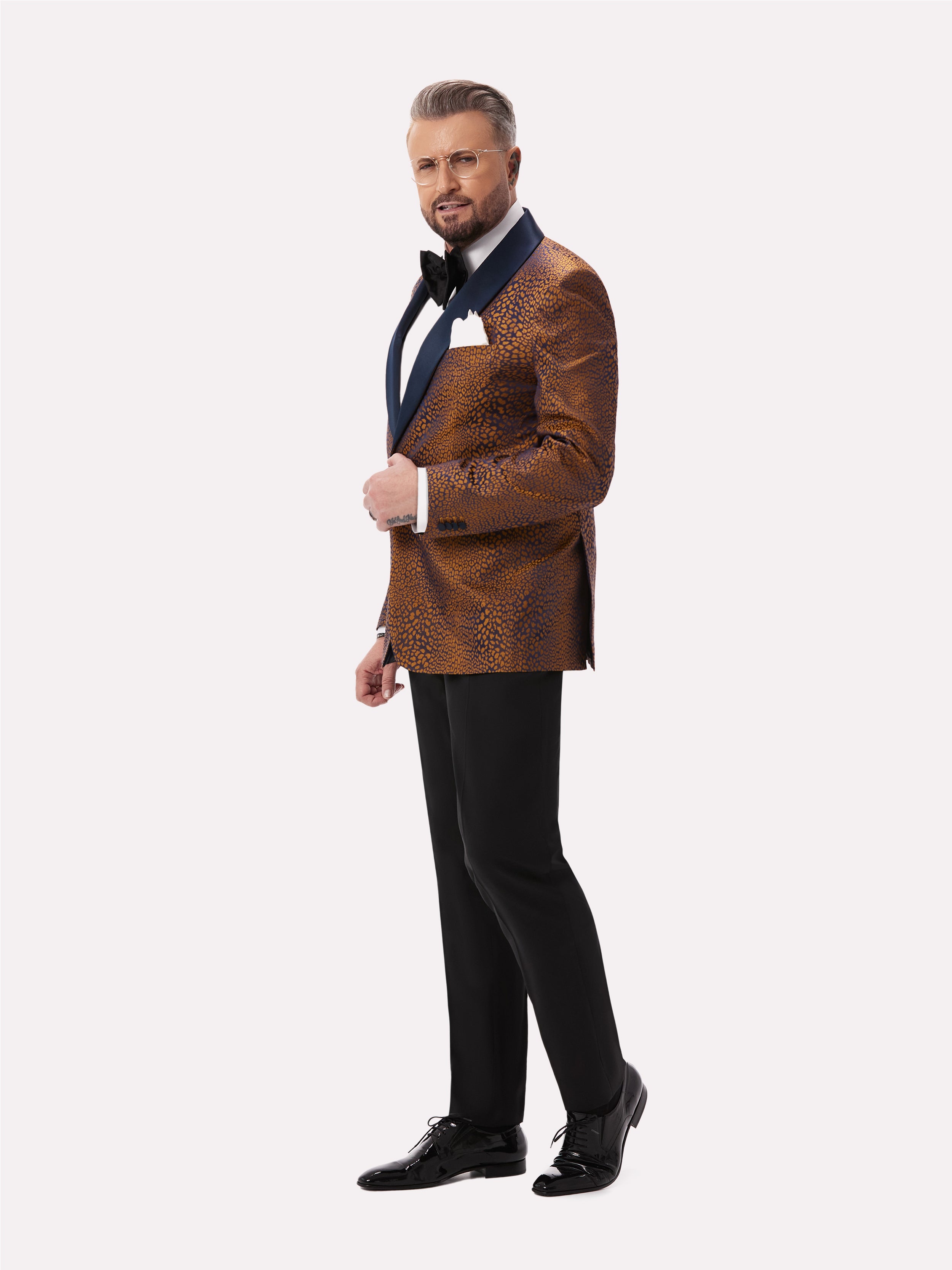 Navy tuxedo jacket with golden animal print made of natural silk