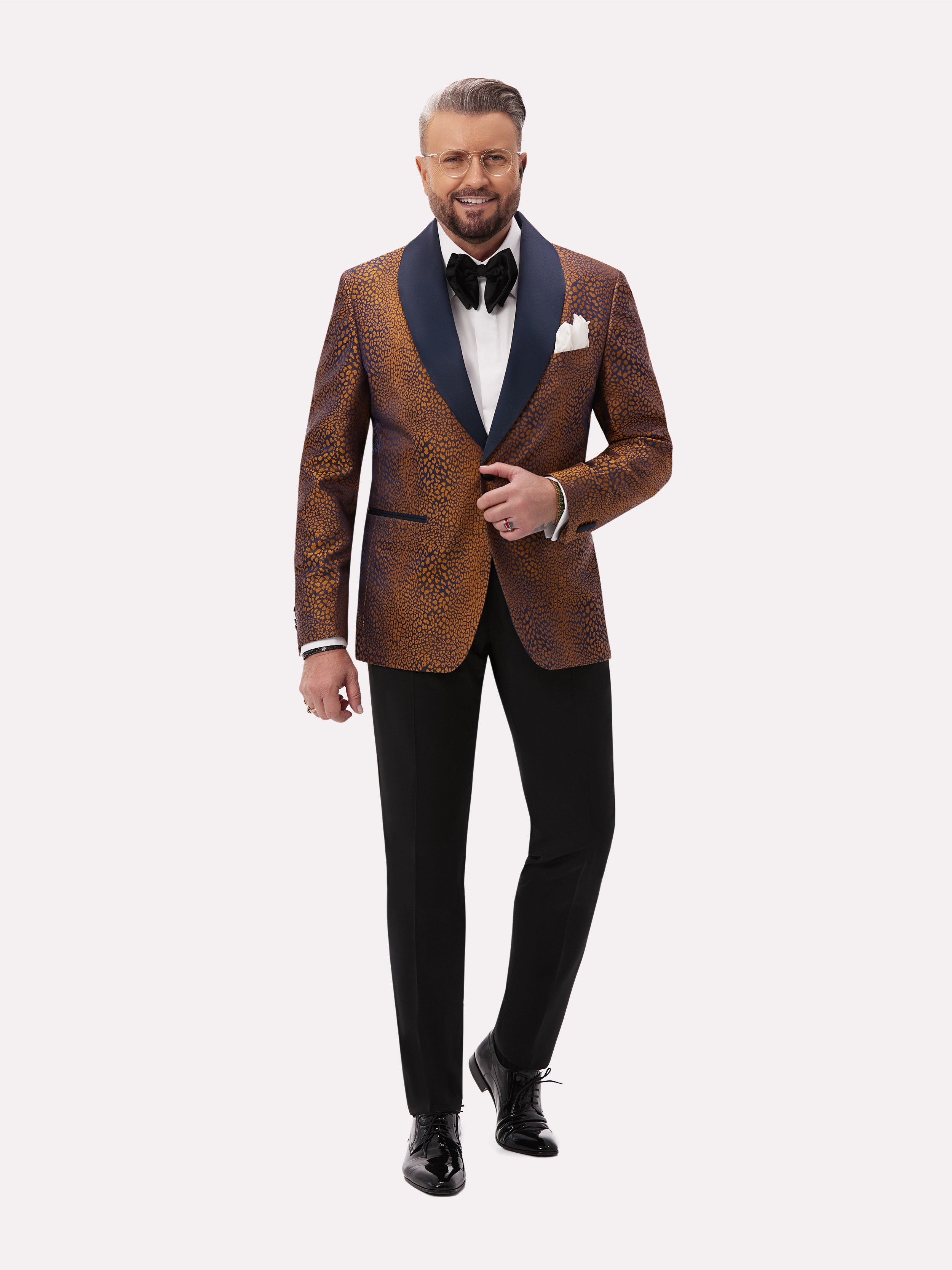 Navy tuxedo jacket with golden animal print made of natural silk