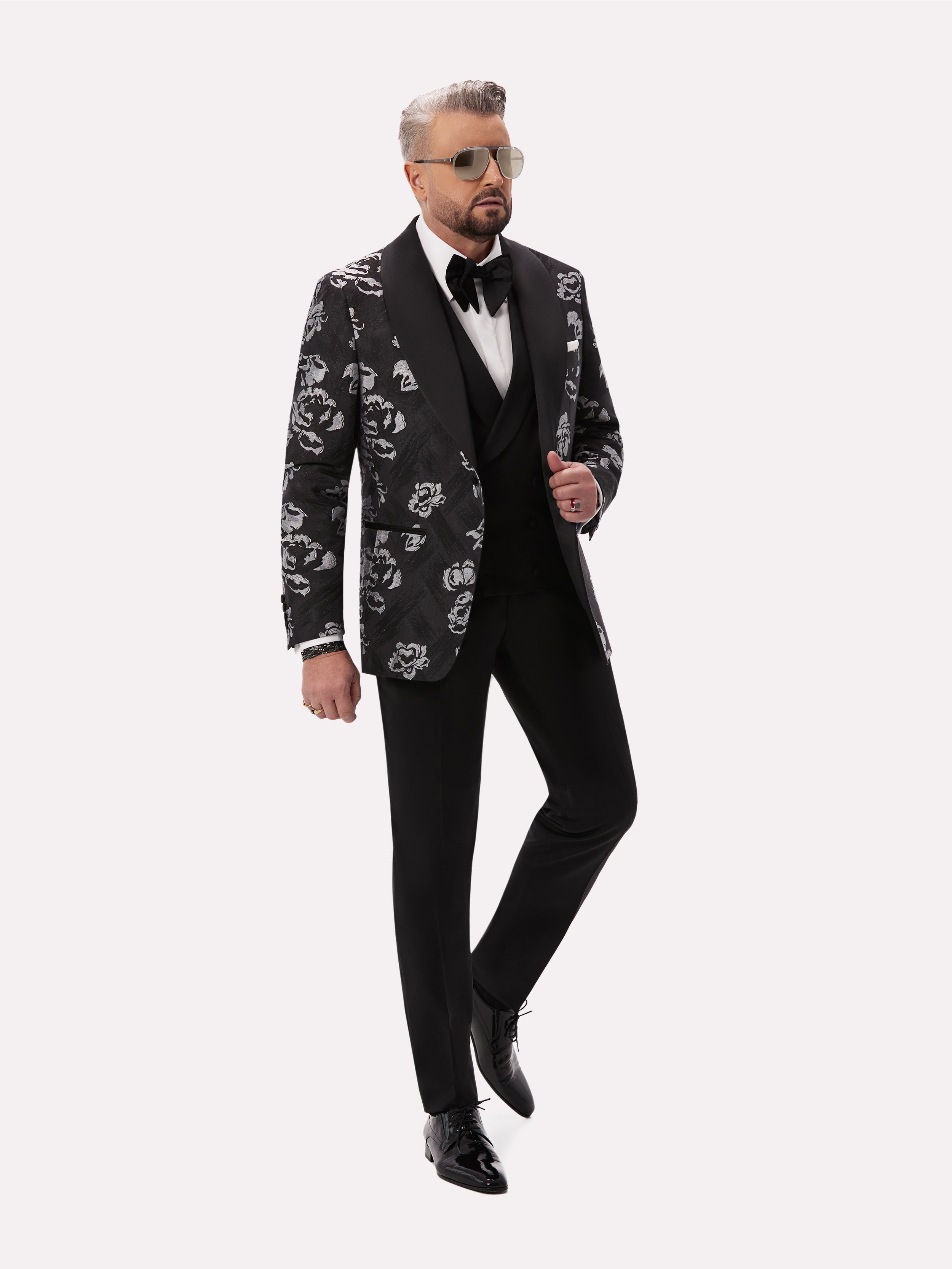 Sacou smoking negru cu model floral argintiu
