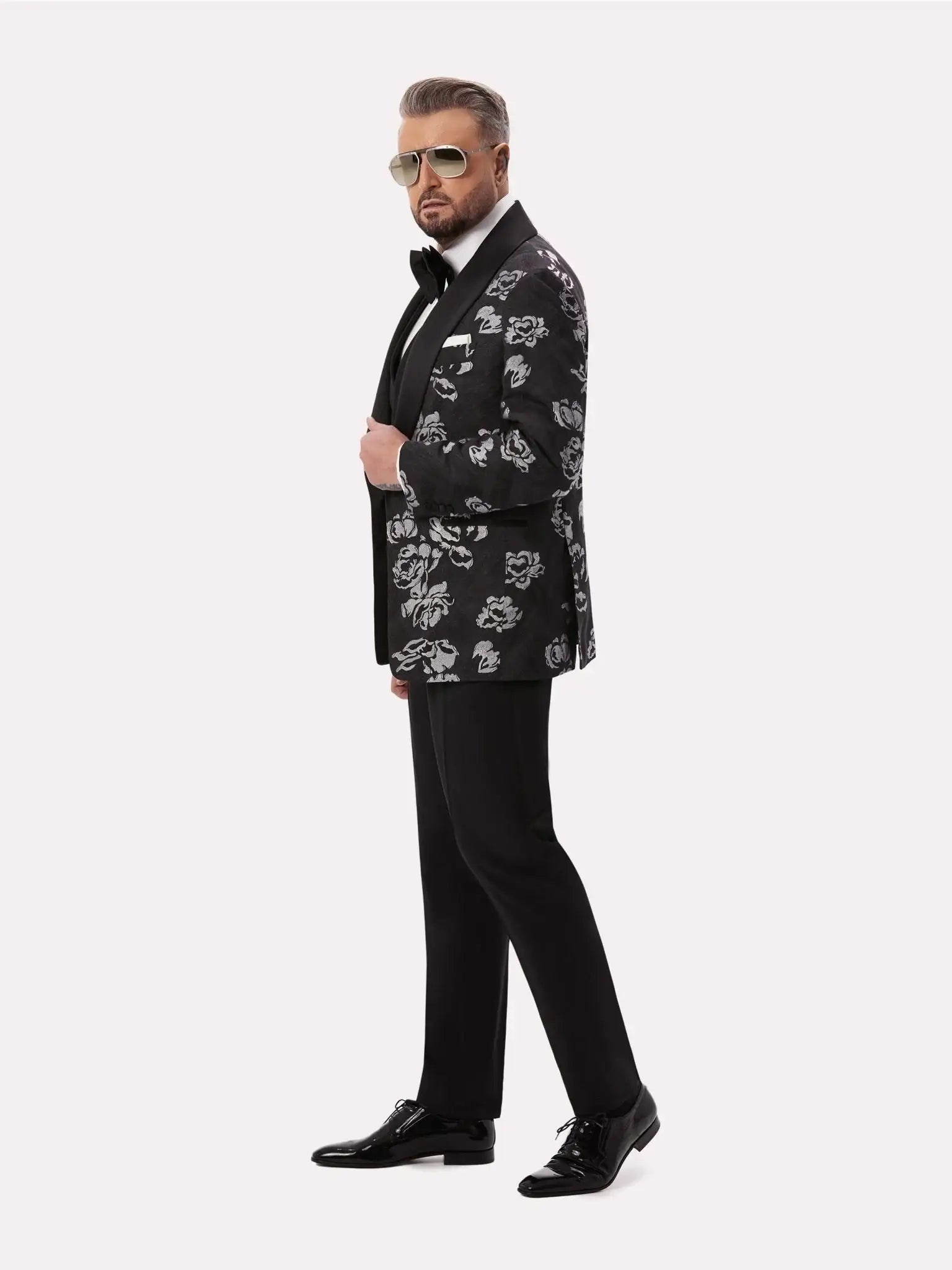 Black tuxedo jacket with silver floral pattern