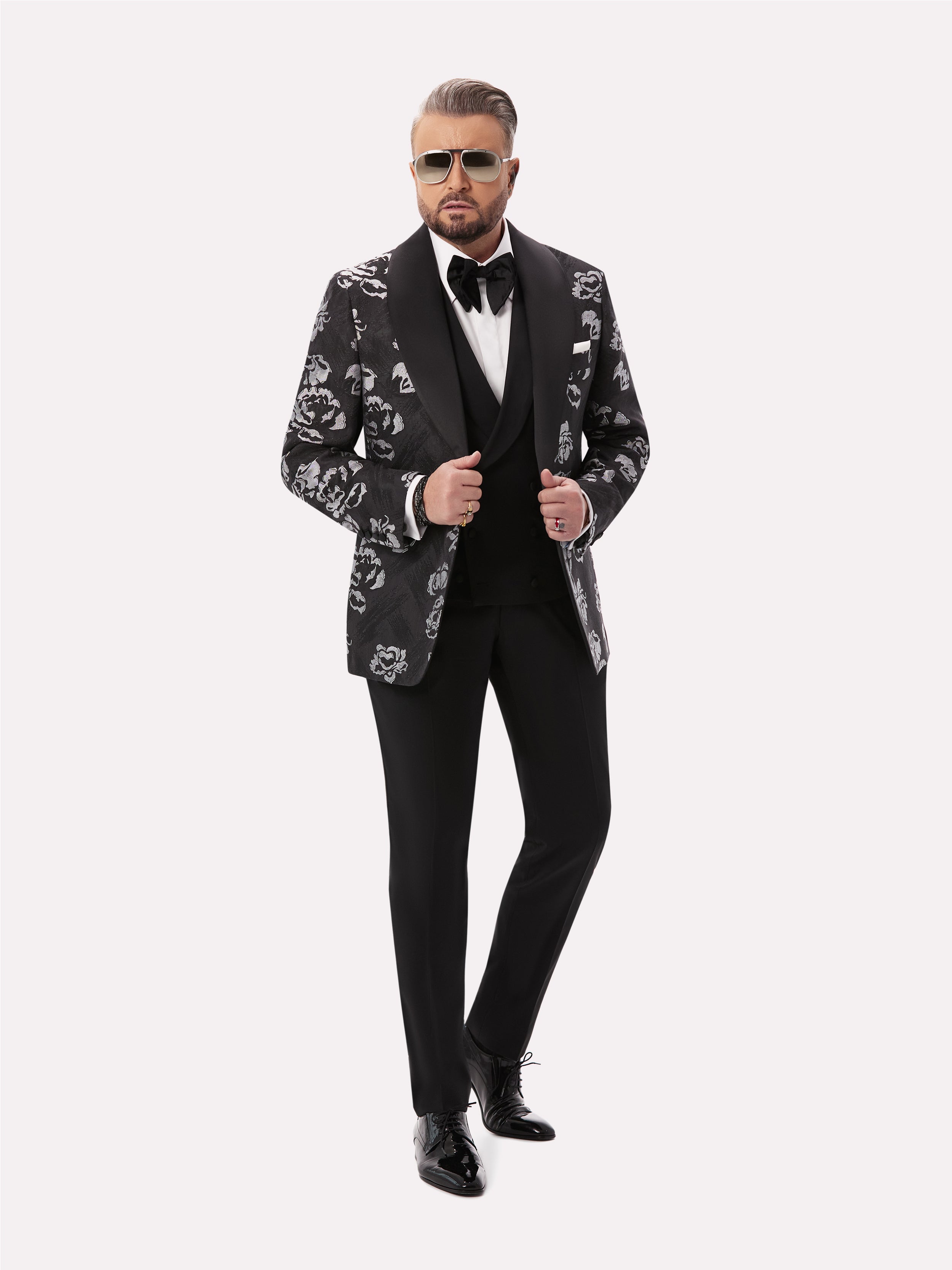 Sacou smoking negru cu model floral argintiu