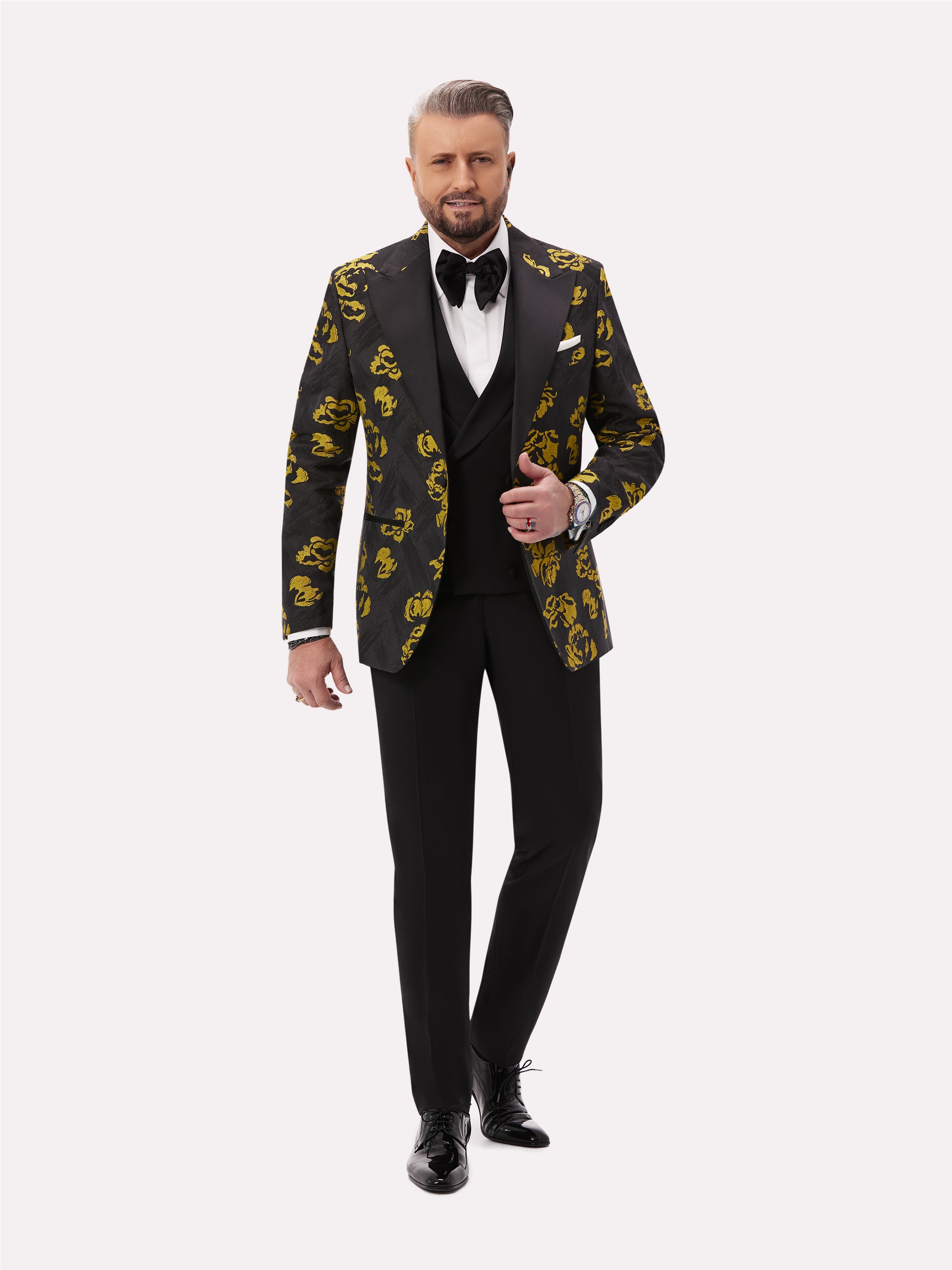 Sacou smoking negru cu model floral auriu