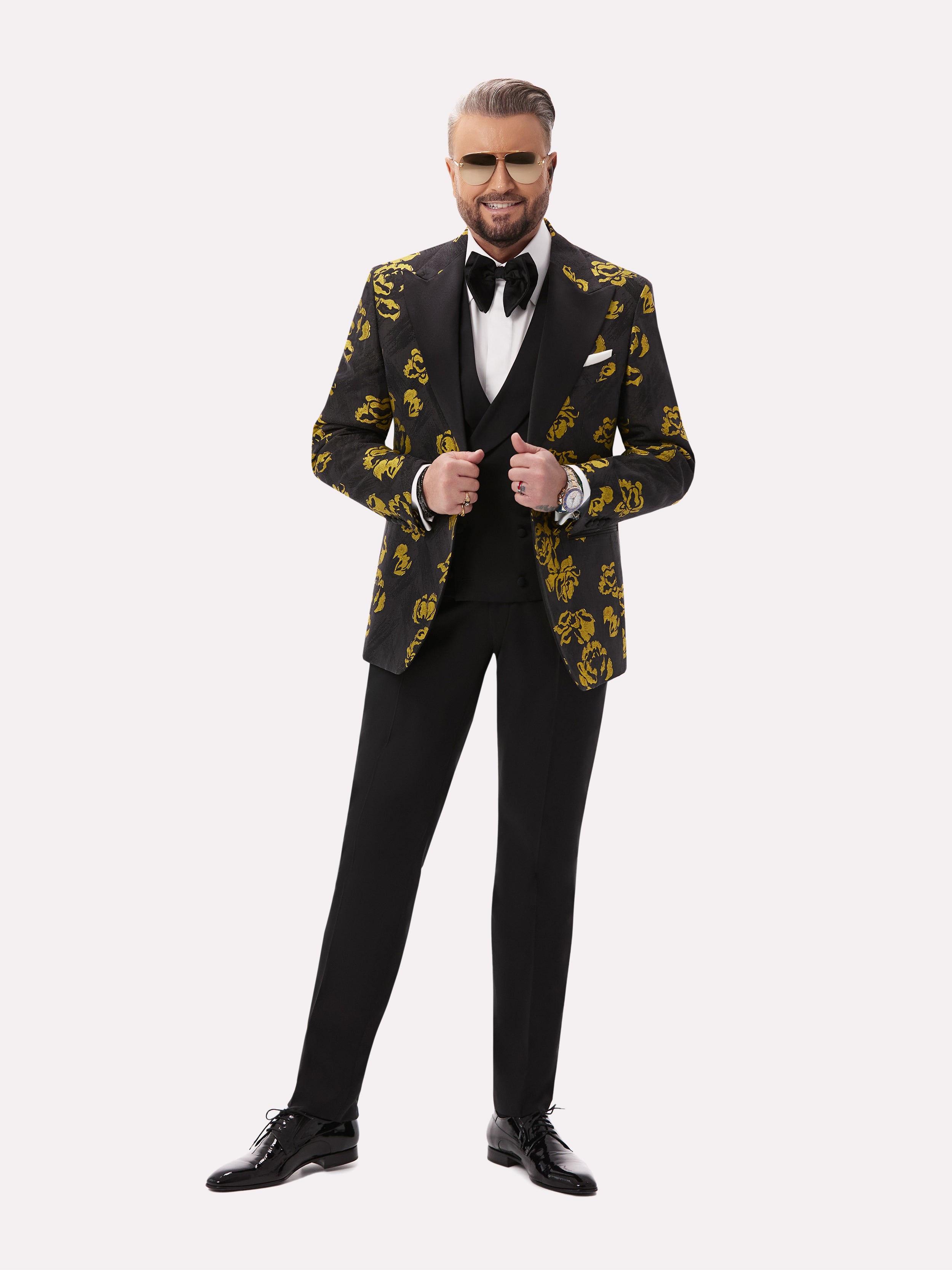 Black tuxedo jacket with golden floral pattern