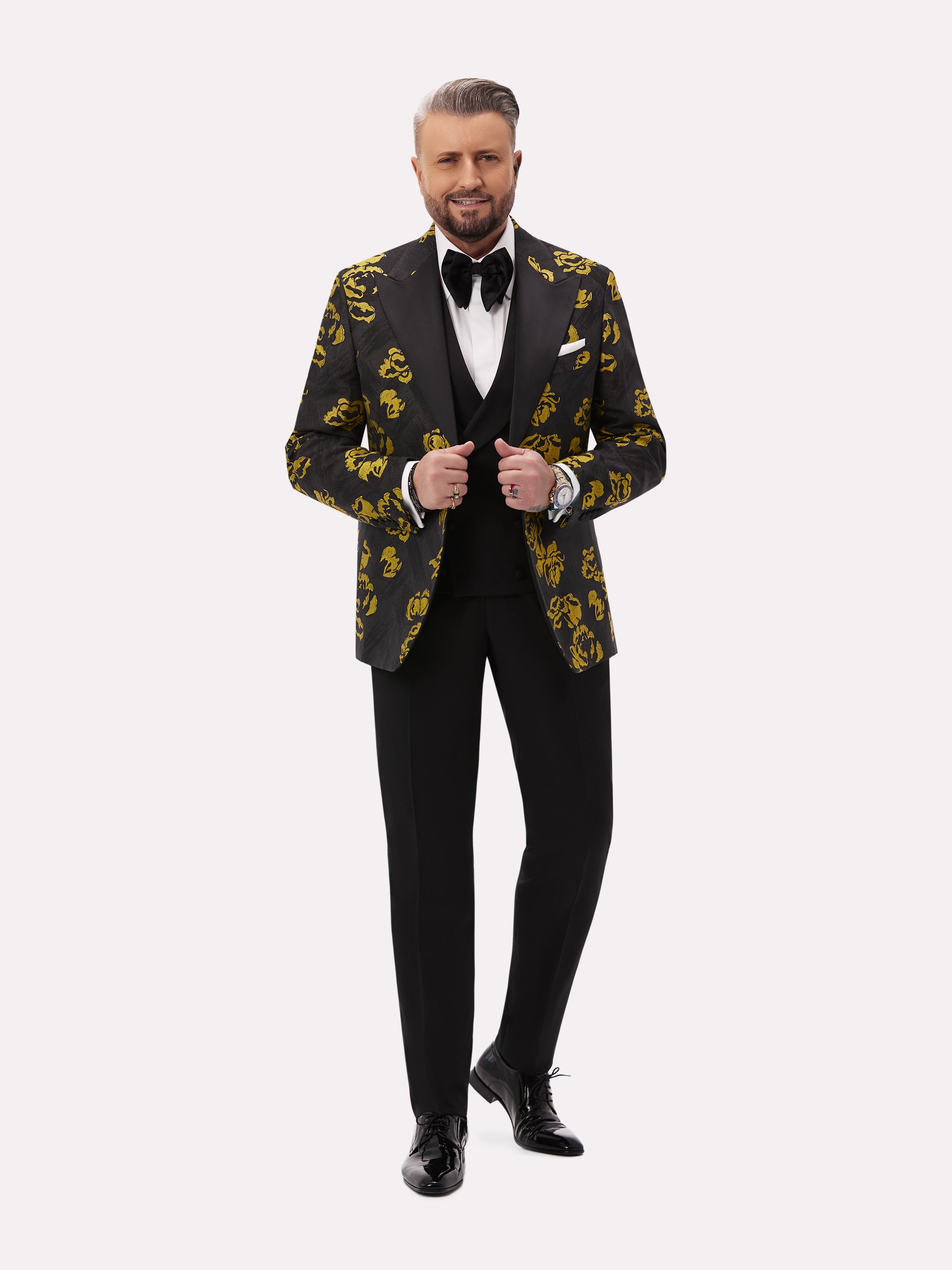 Black tuxedo jacket with golden floral pattern