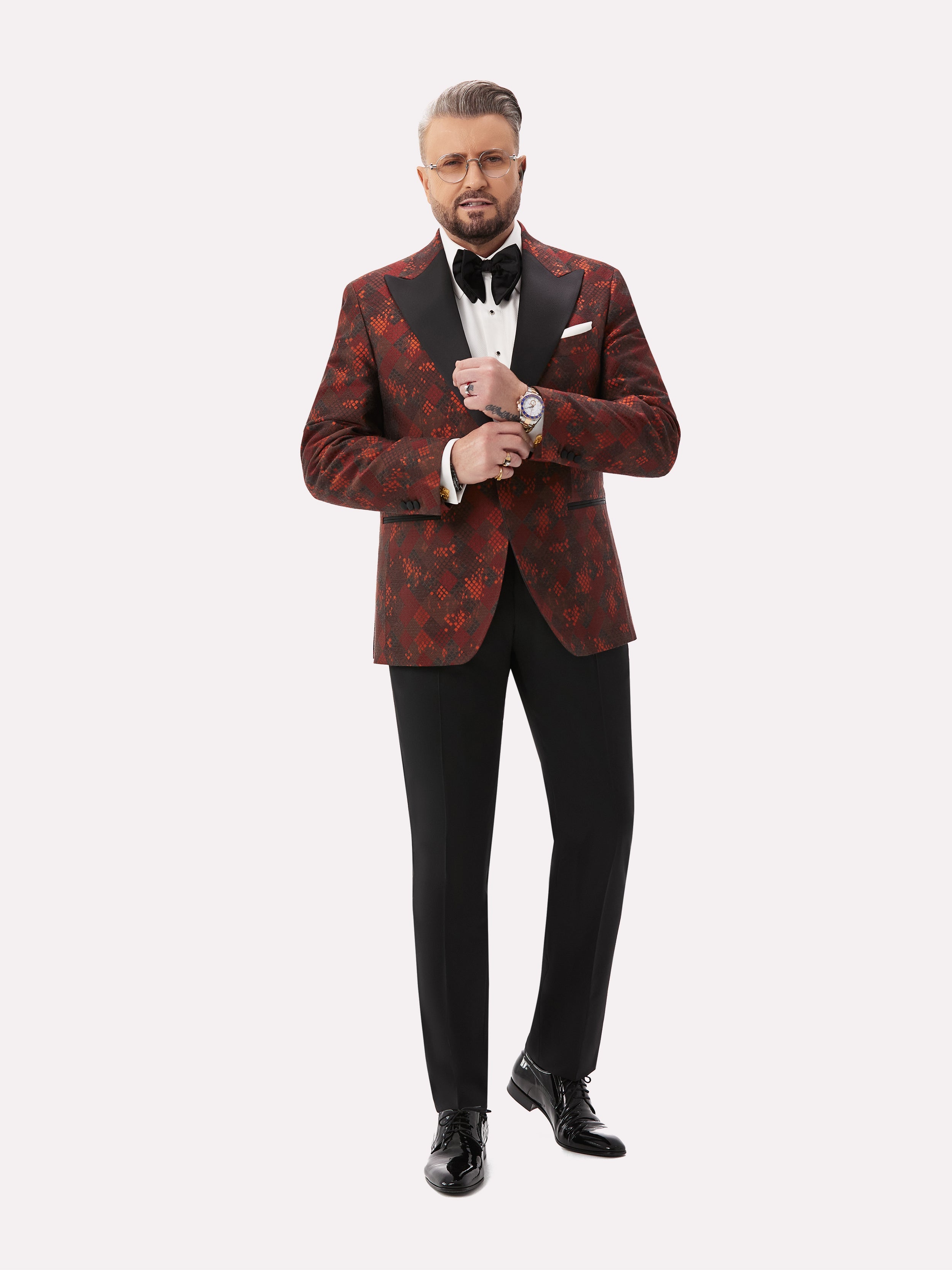 Black tuxedo jacket with bordeaux geometric pattern