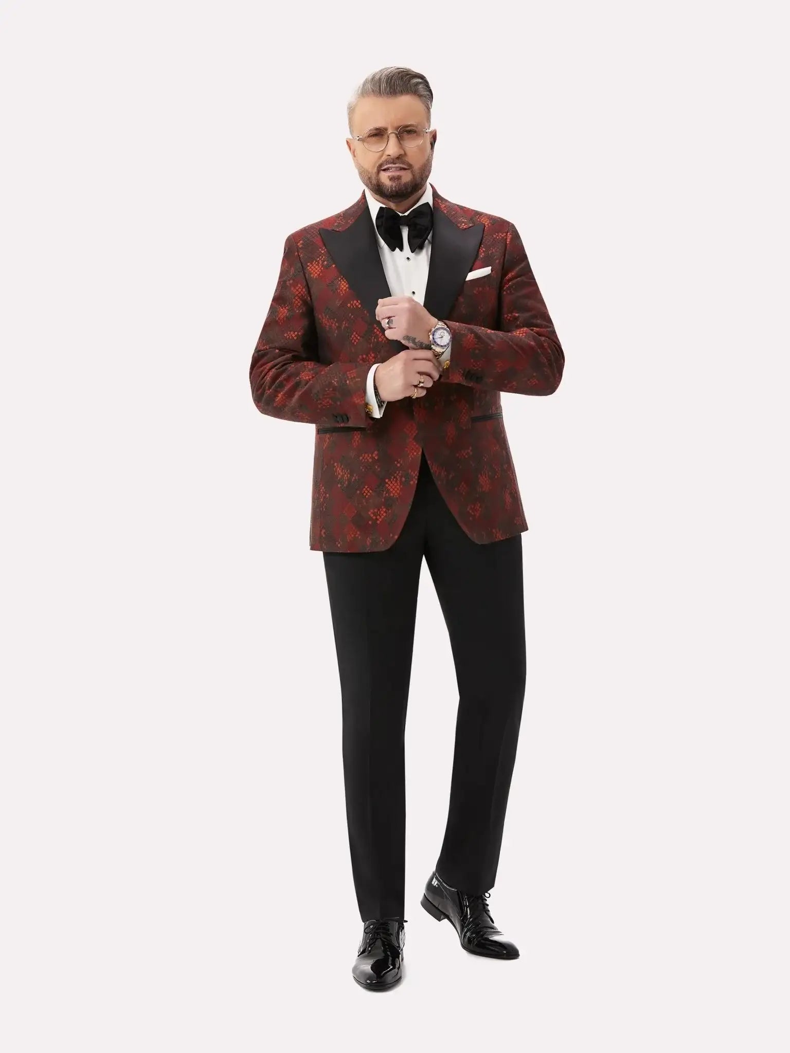 Sacou smoking negru cu model geometric bordeaux