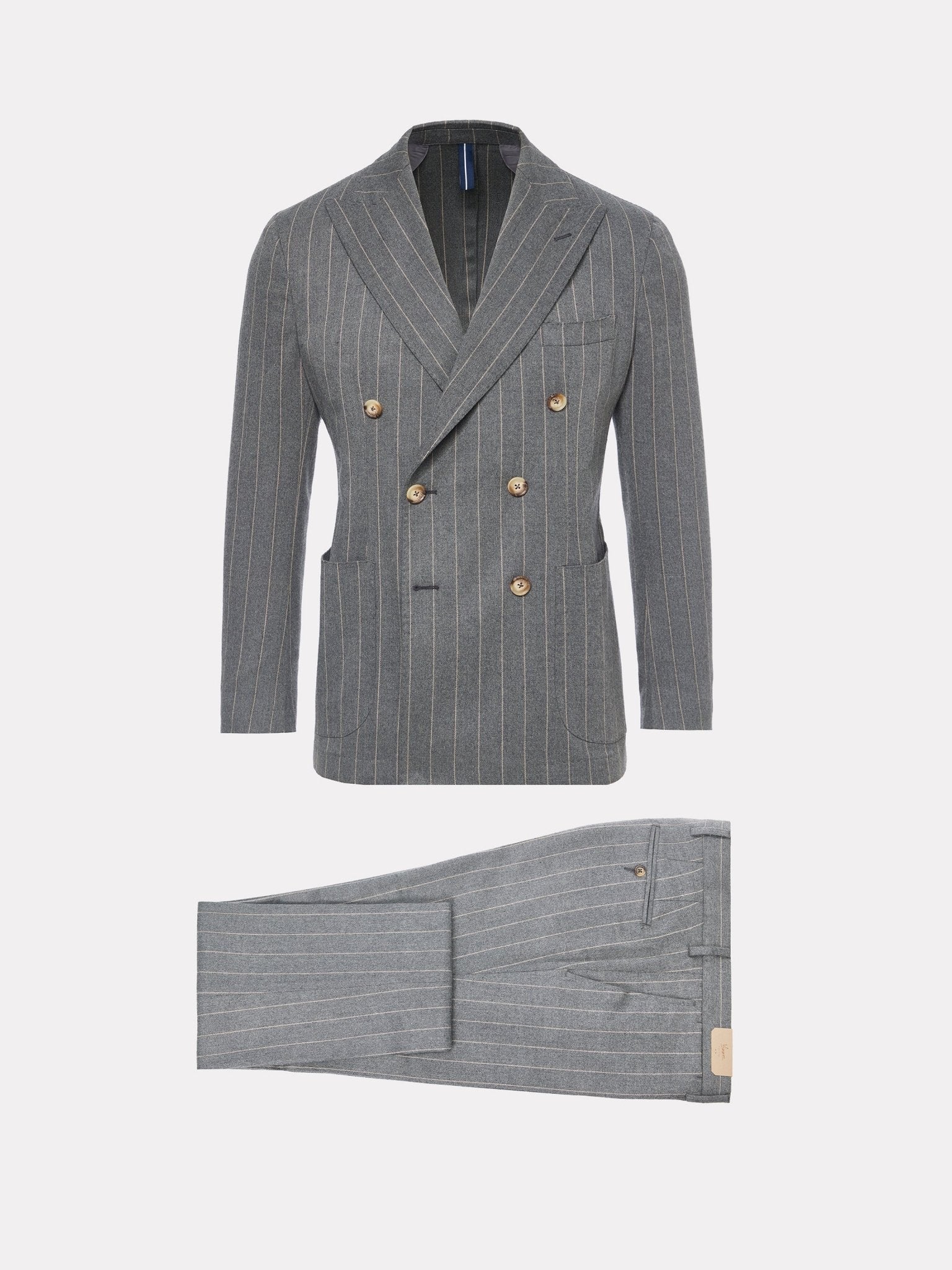 Costum slim fit gri cu dungi fine beige, la doua randuri de nasturi - Viggo