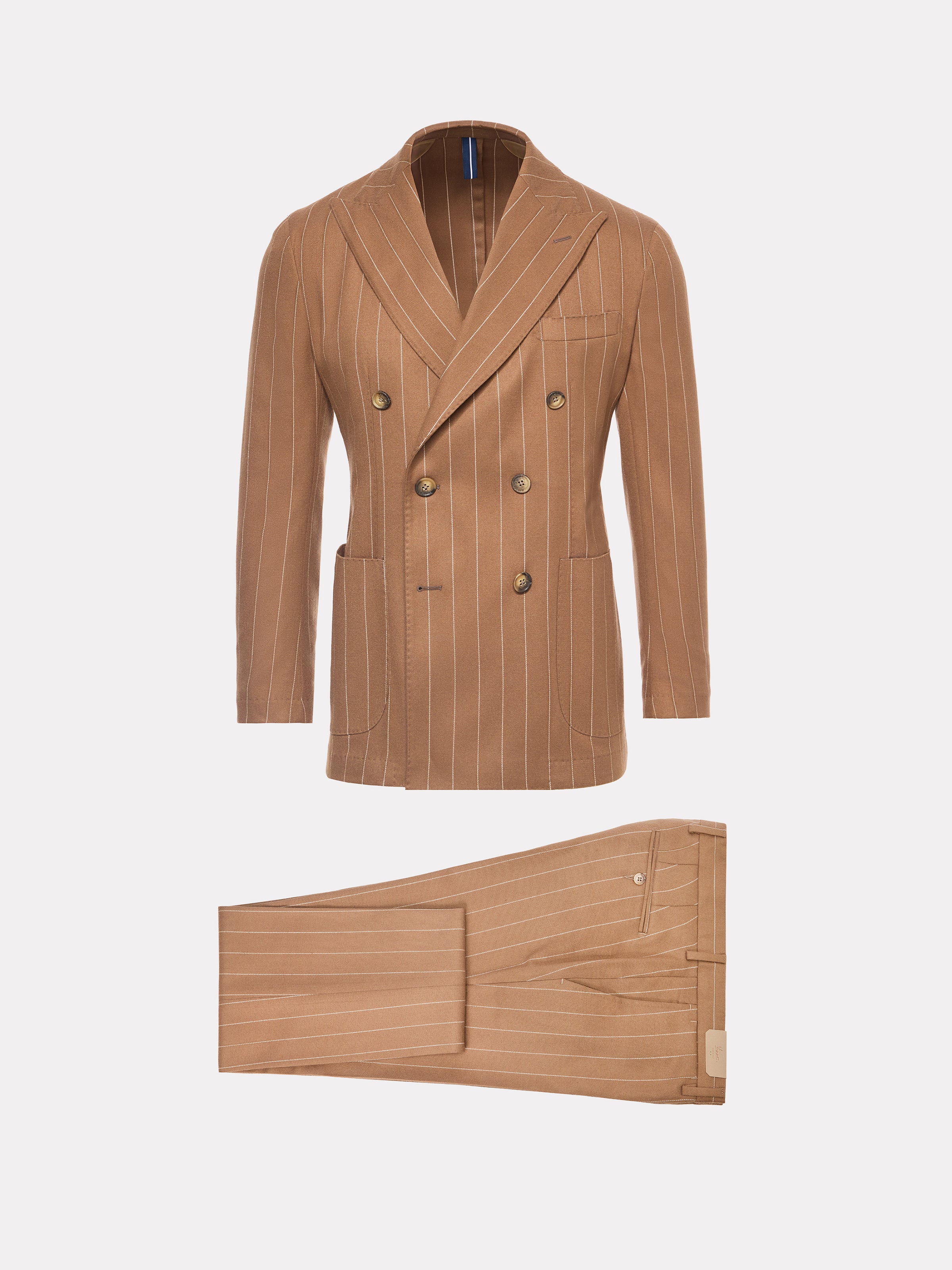 Slim fit suit with fine beige stripes, double-breasted