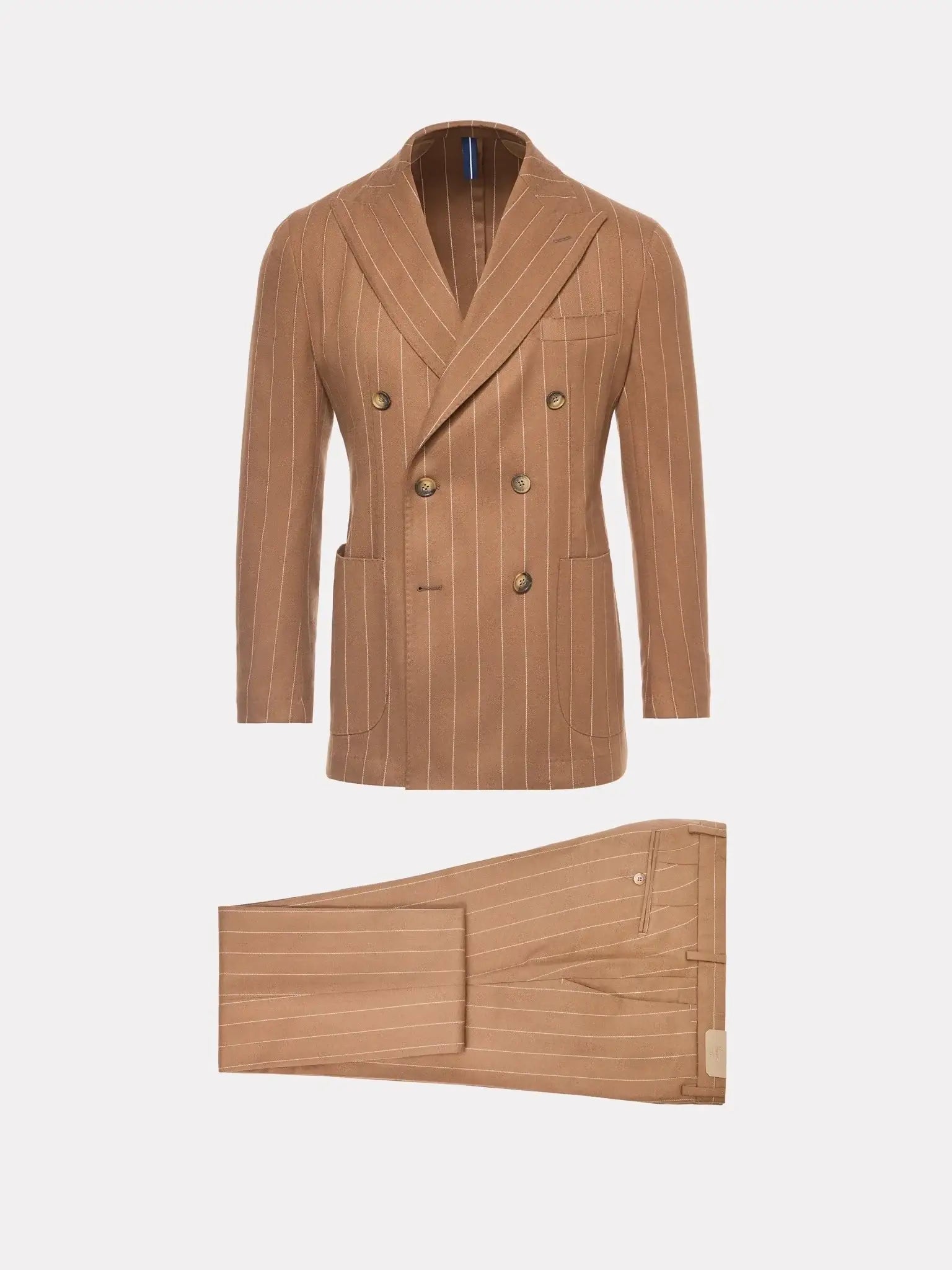 Costum slim fit cu dungi fine beige, la doua randuri de nasturi - Viggo