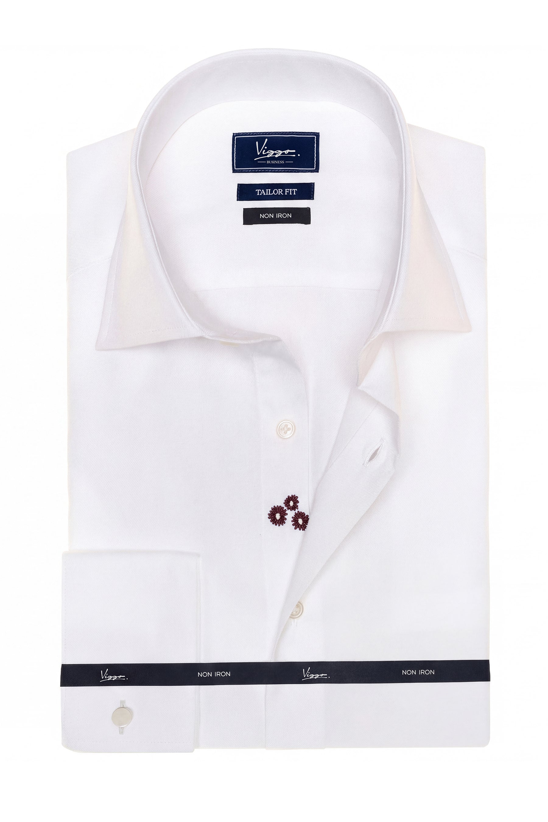 White non-iron shirt with brown hidden flower, cufflinks