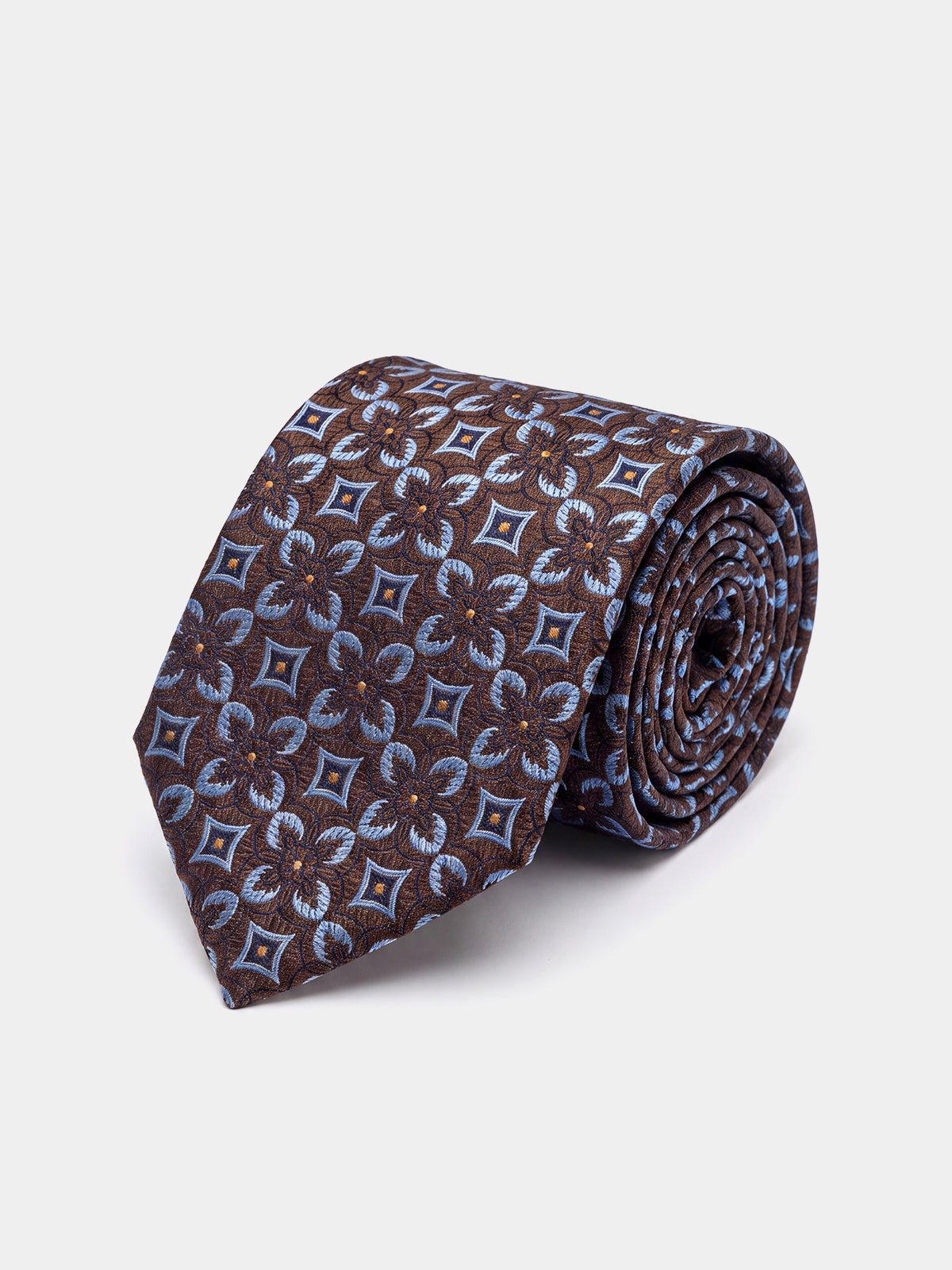Cravata maro din matase imprimeu floral geometric
