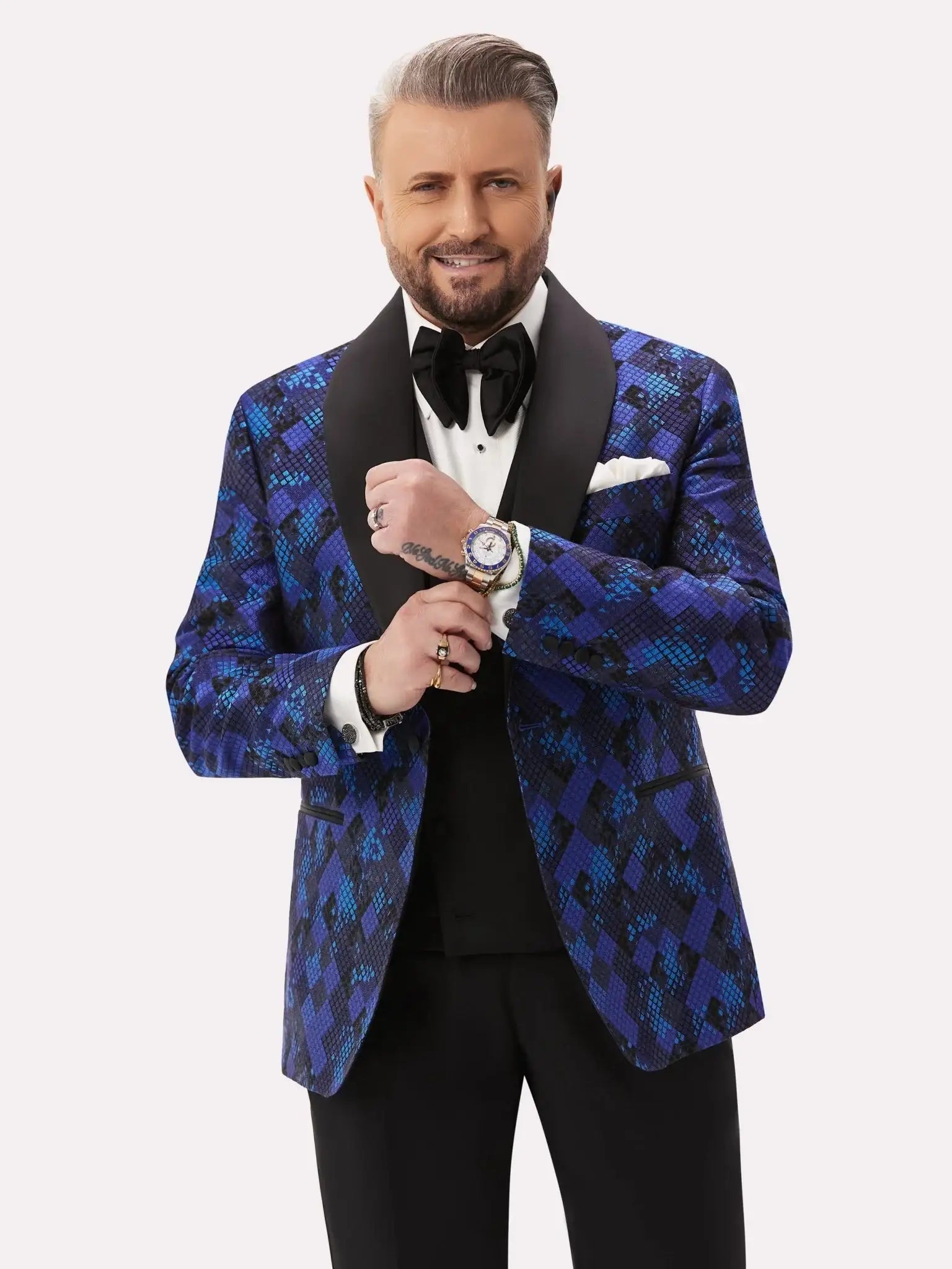 Black tuxedo jacket with blue geometric pattern