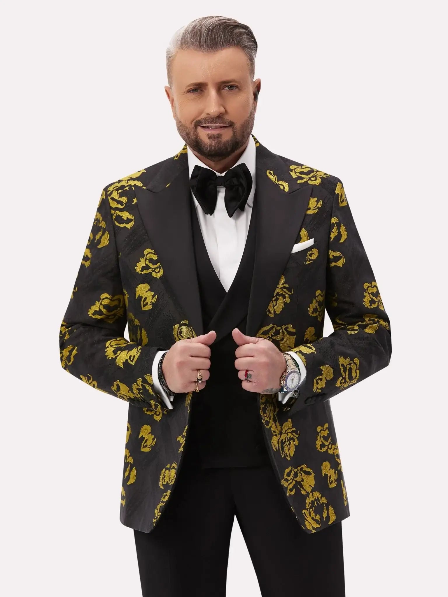 Black tuxedo jacket with golden floral pattern