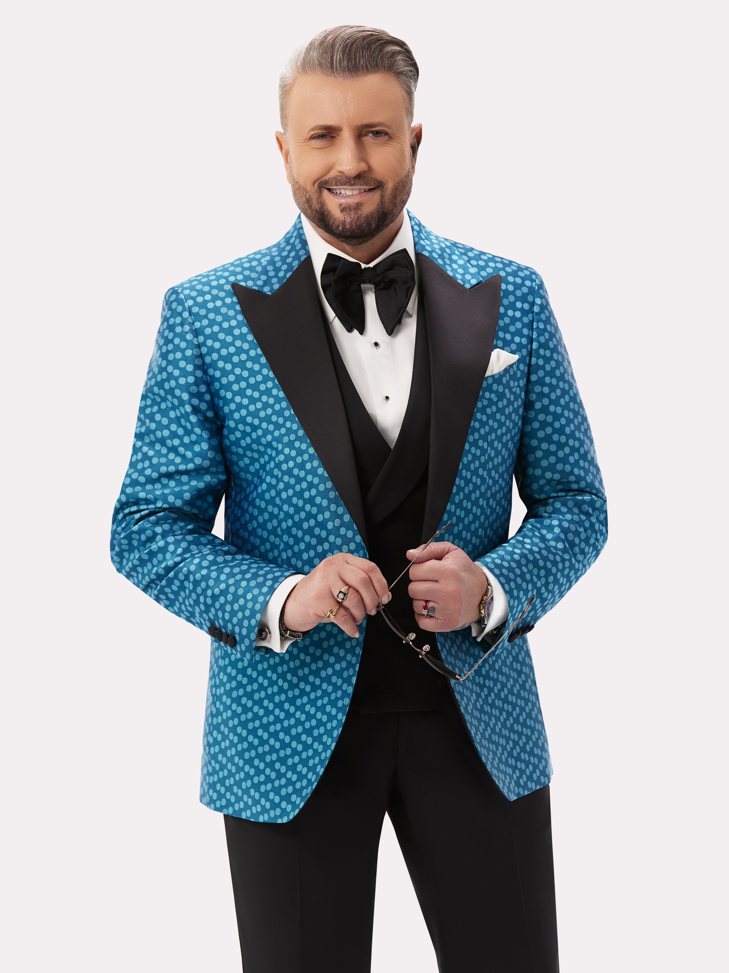 Turquoise tuxedo jacket with polka dots