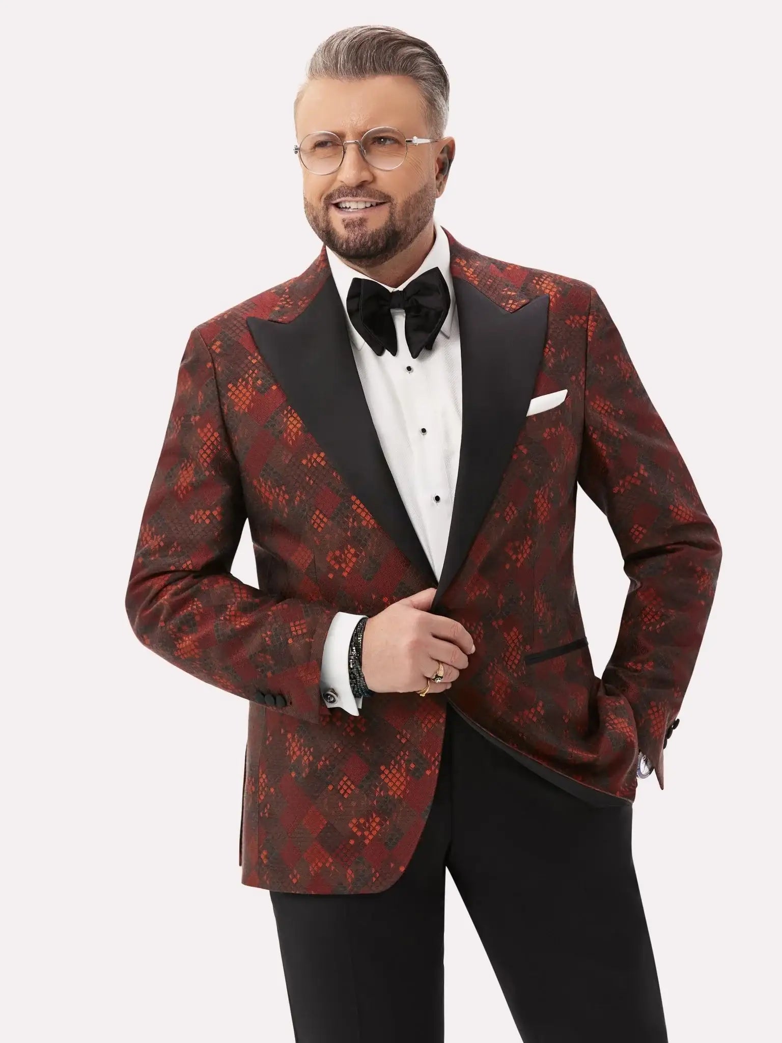 Sacou smoking negru cu model geometric bordeaux