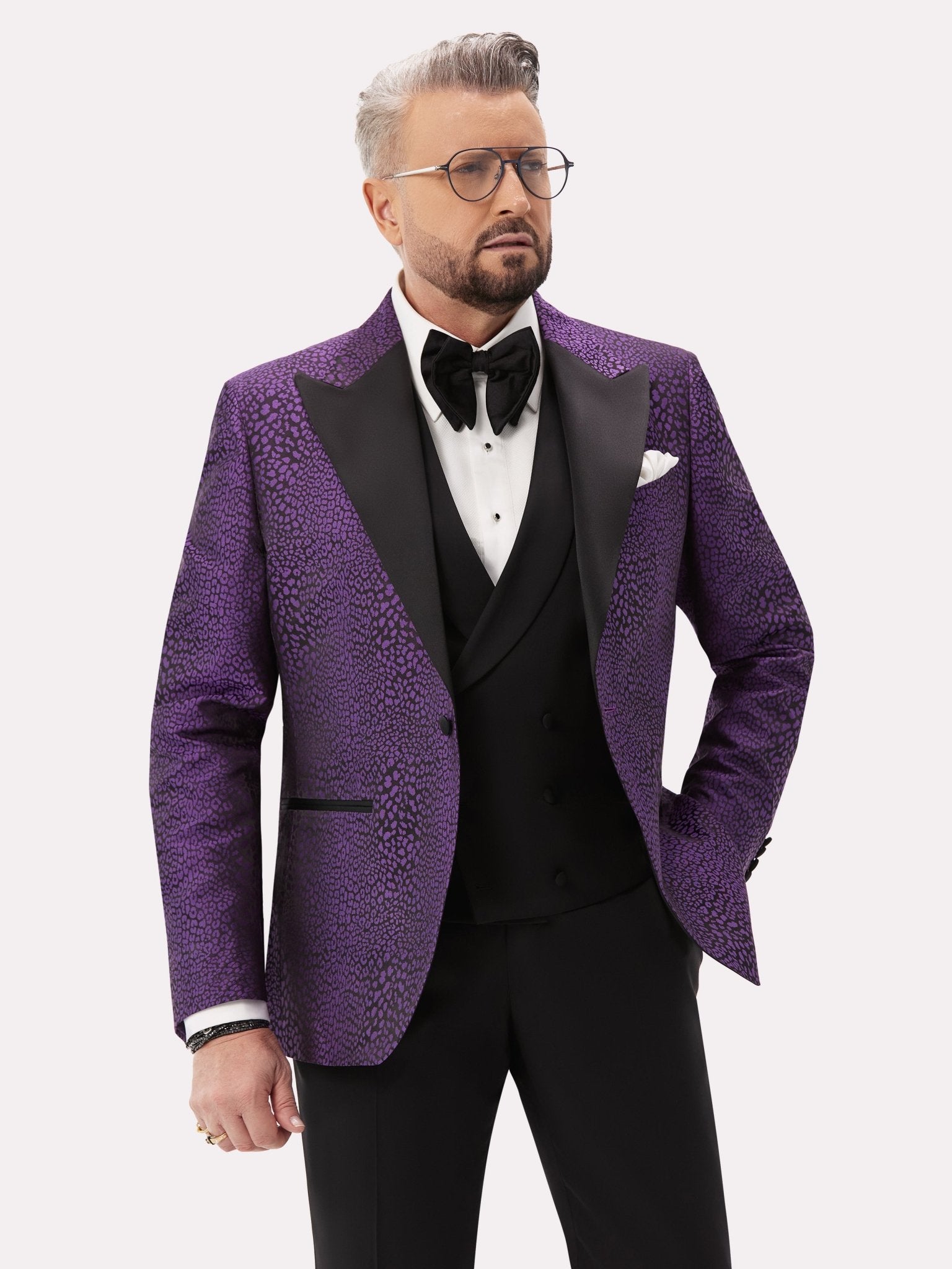 Sacou smoking negru animal print mov din matase naturala - Viggo