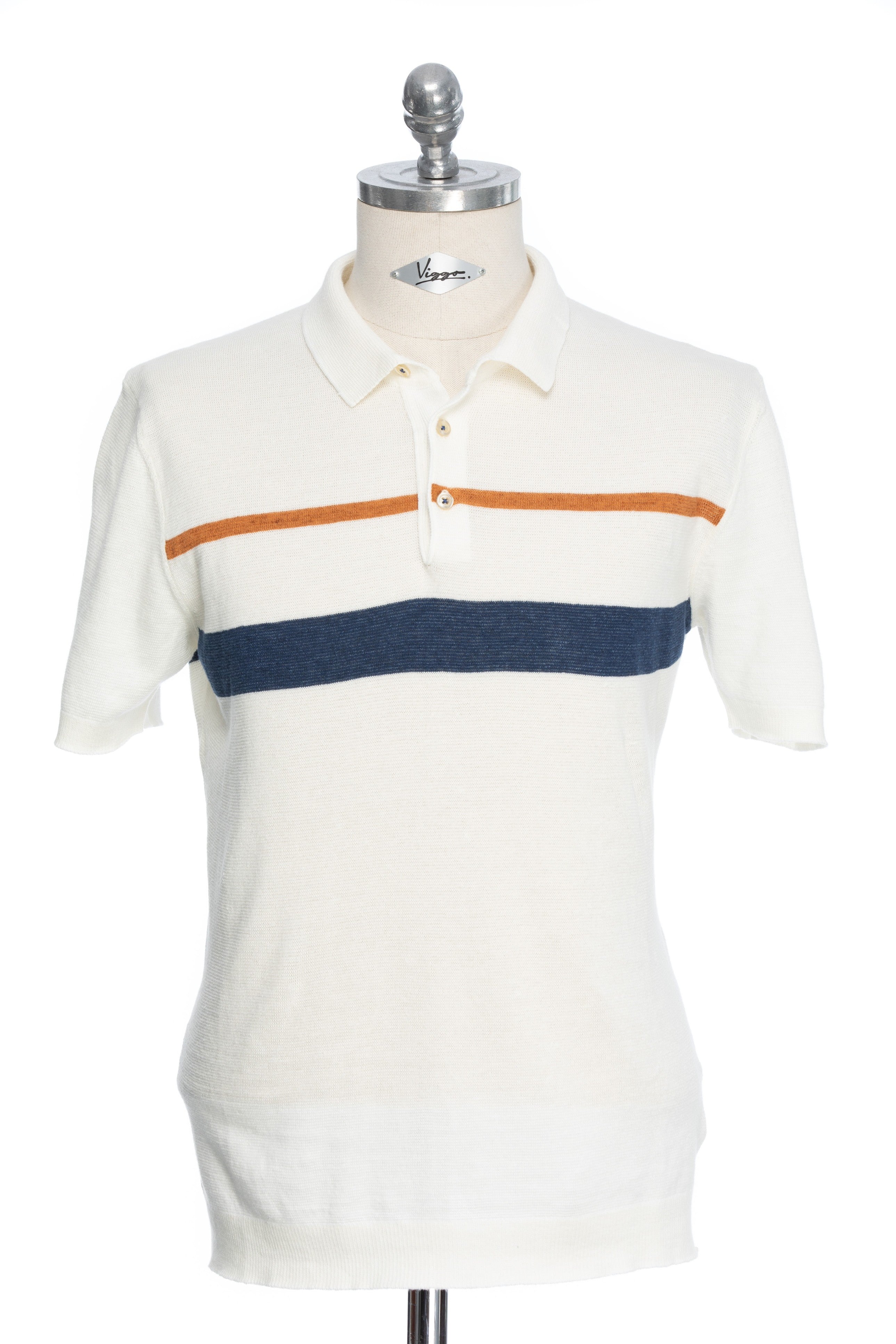 Tricou casual alb cu dunga bleumarin si maro si guler polo