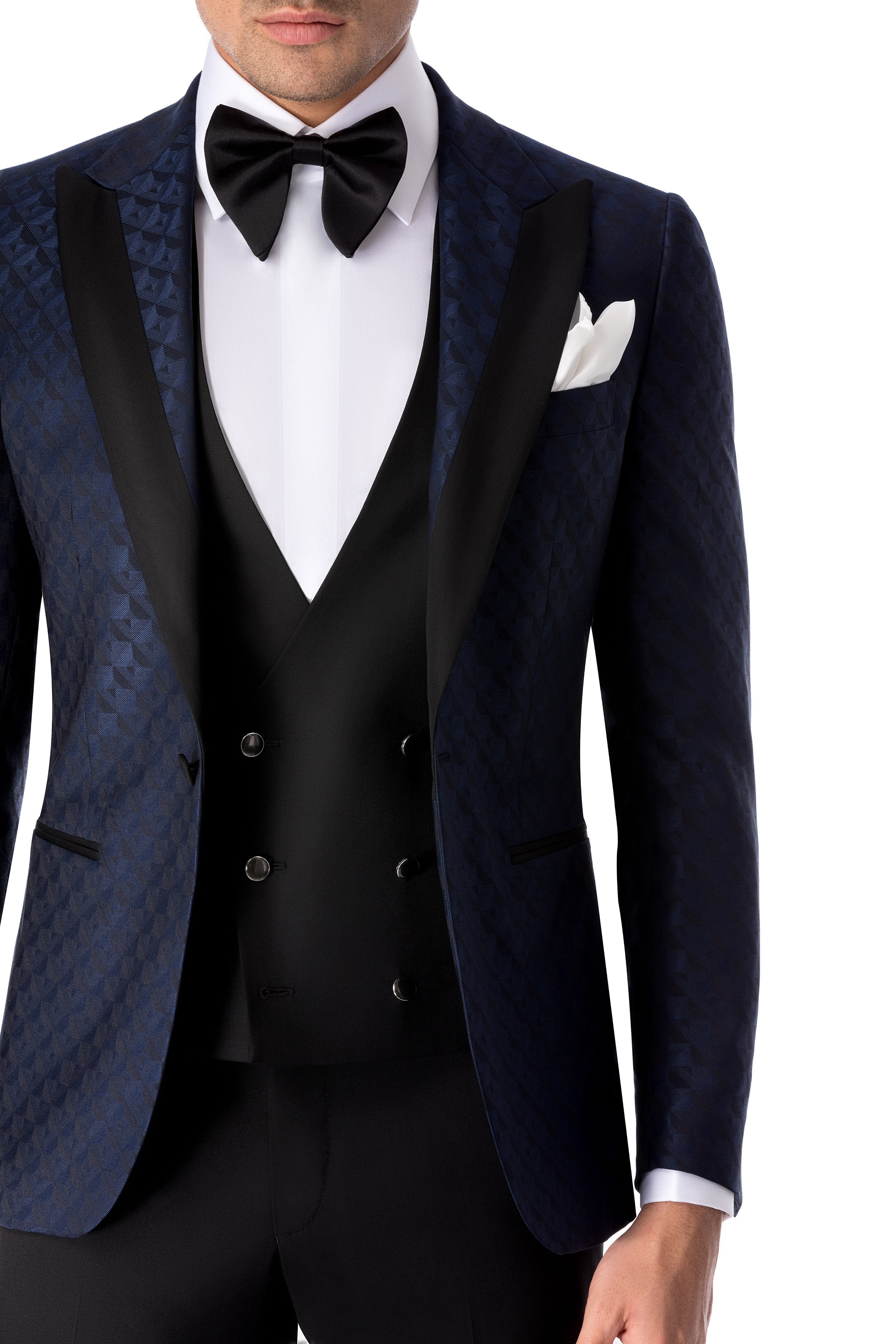 Navy tuxedo jacket with graphic design
