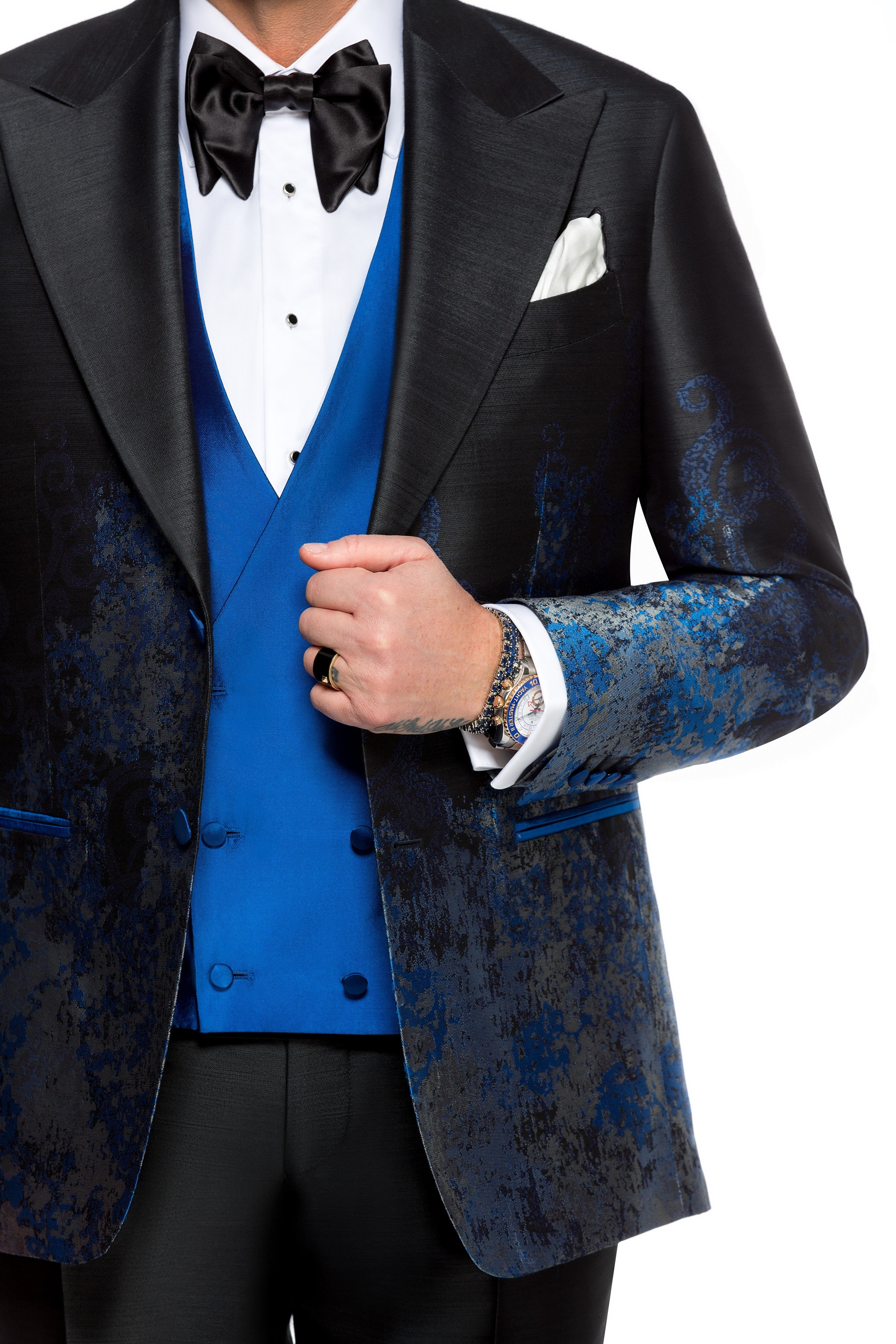 Three piece blue tuxedo suit