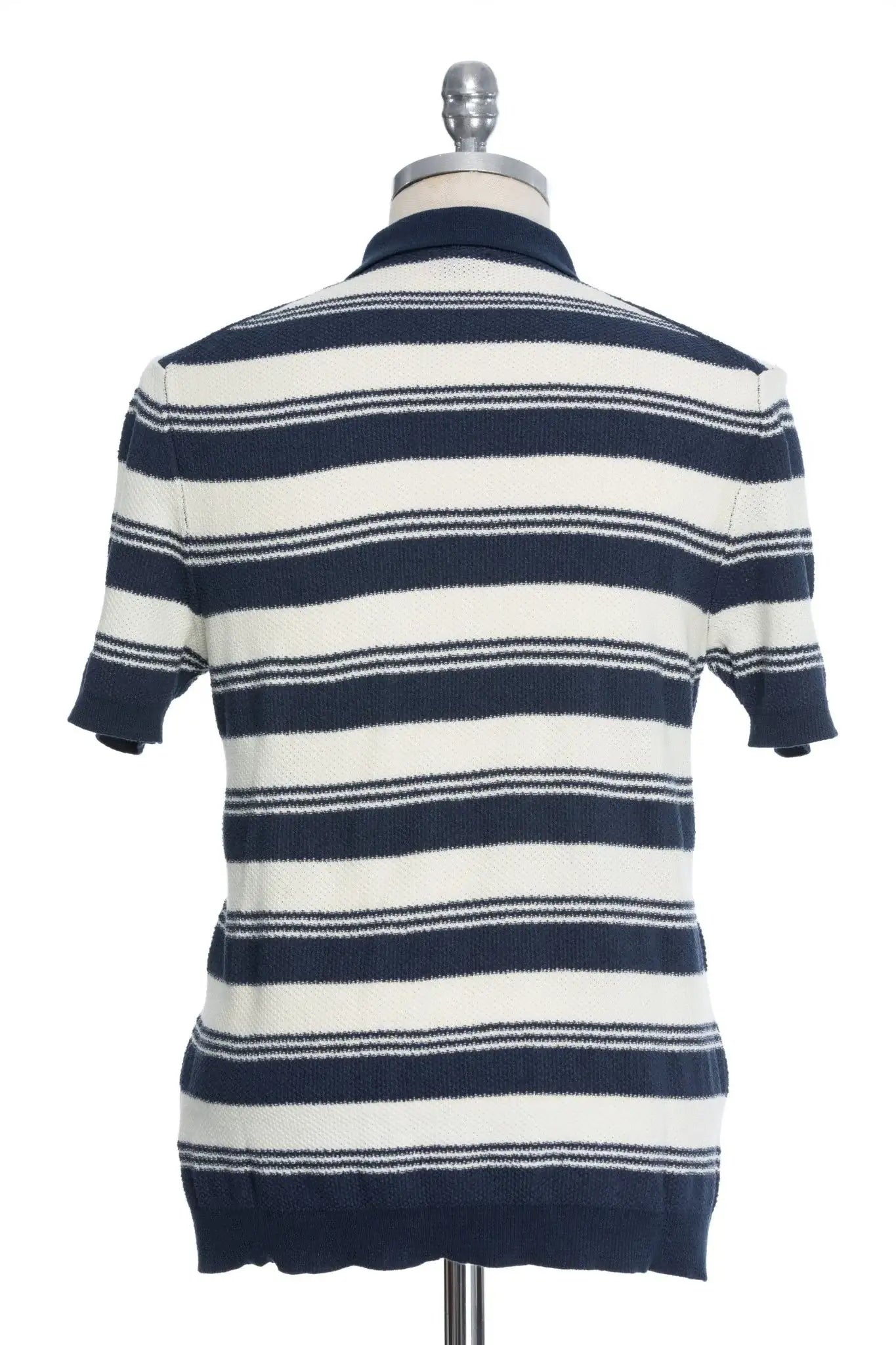 Navy Blue Casual T-Shirt With Wide White Stripes And Polo Collar