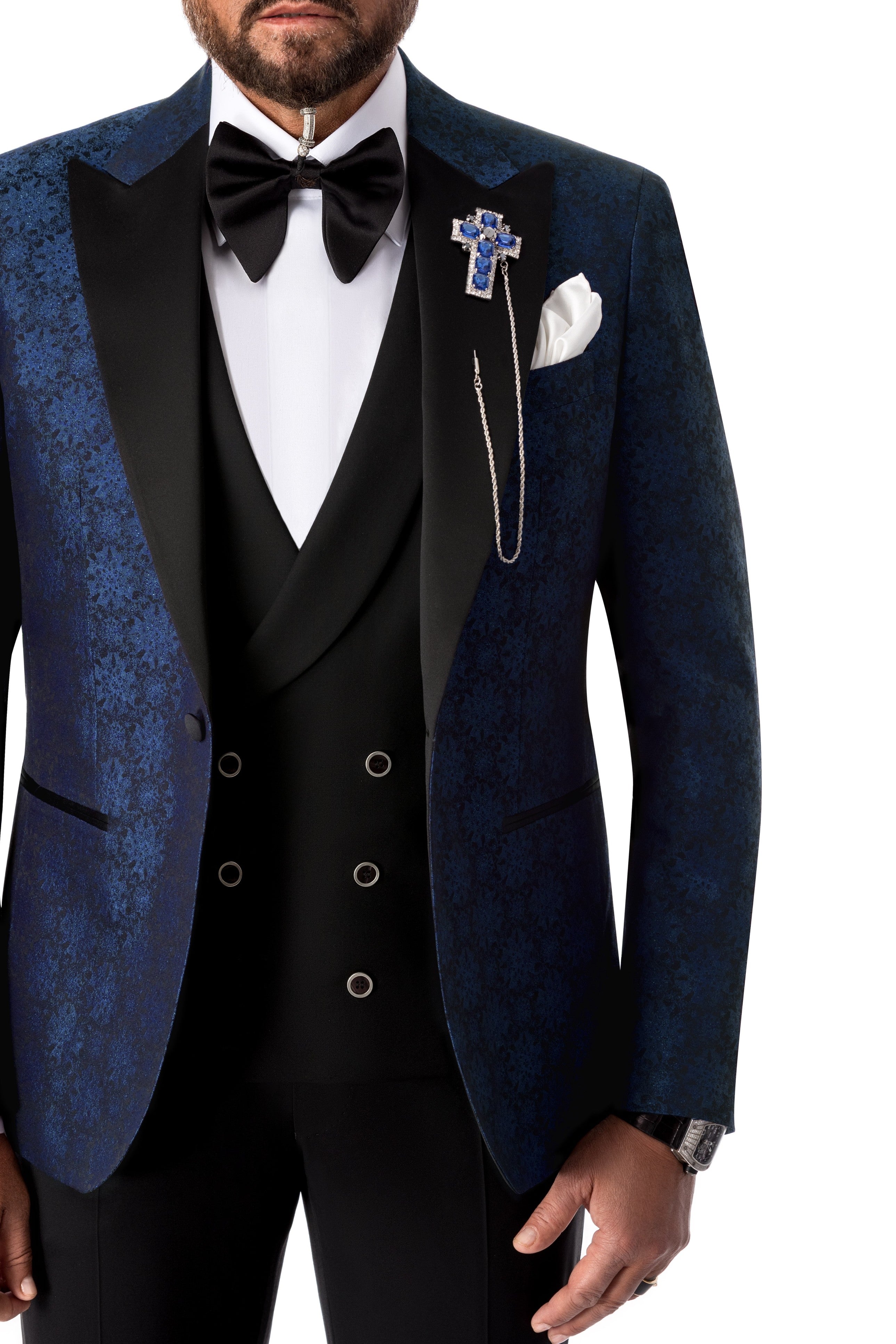 Sacou smoking albastru jaquard floral