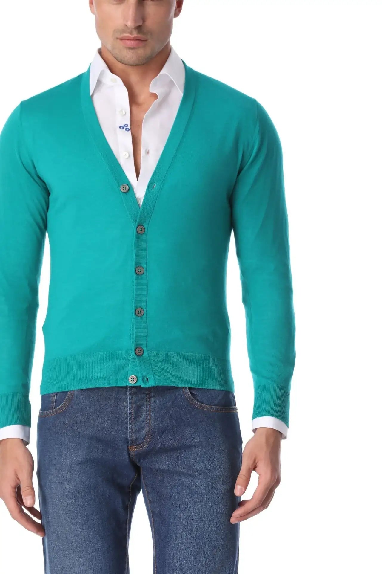 Cardigan turquoise din lana merino