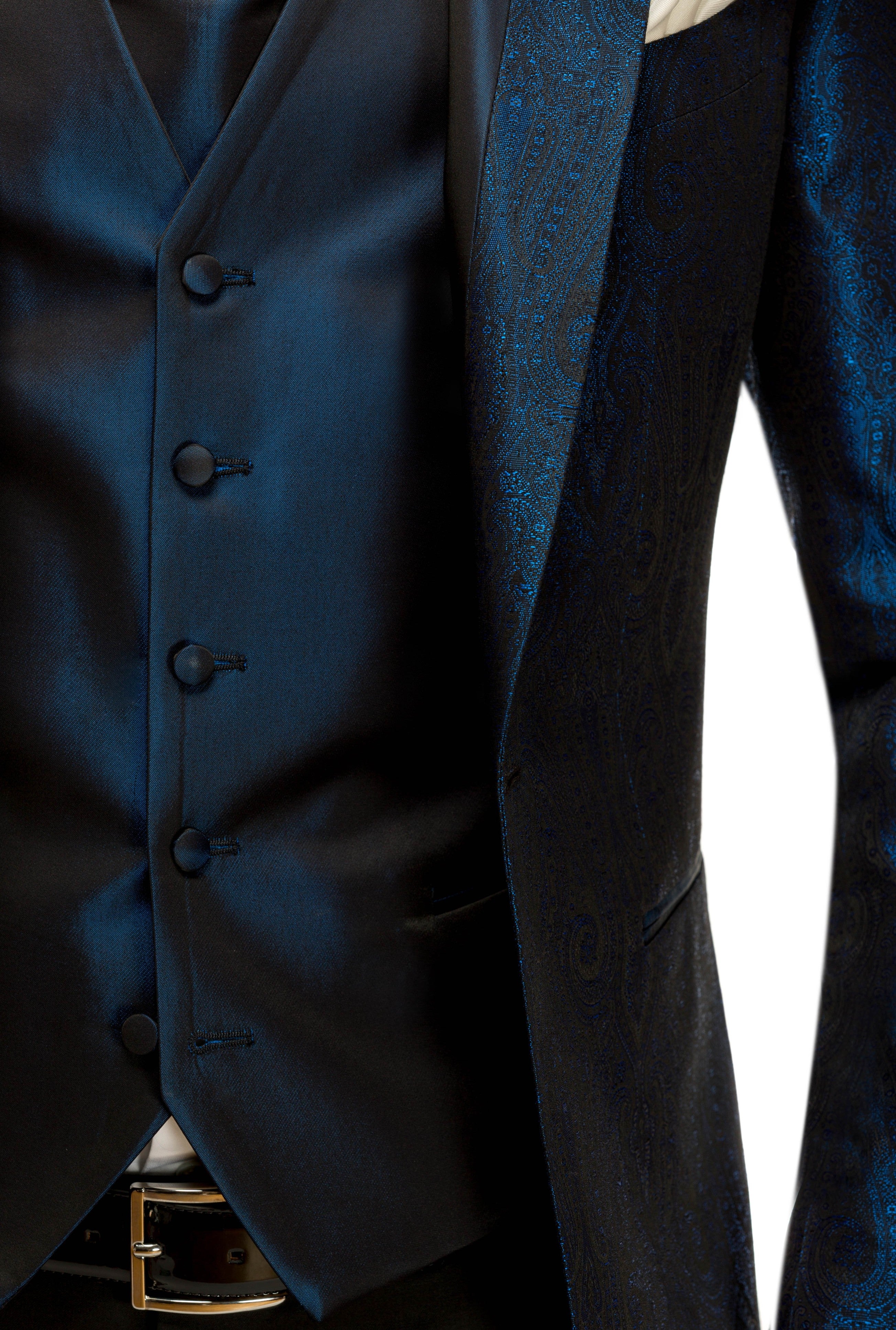 Blue tuxedo jacket with paisley print