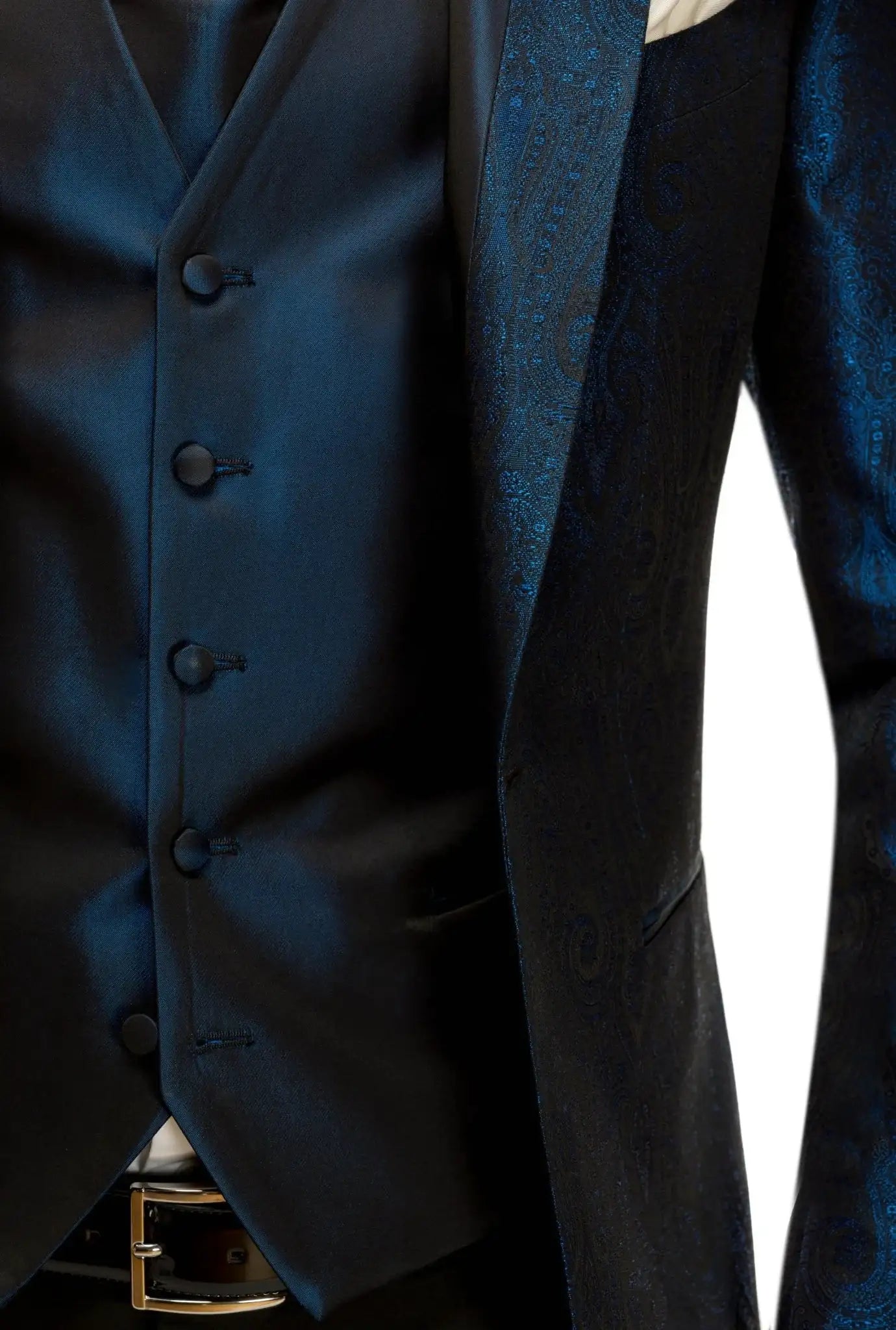 Blue tuxedo jacket with paisley print