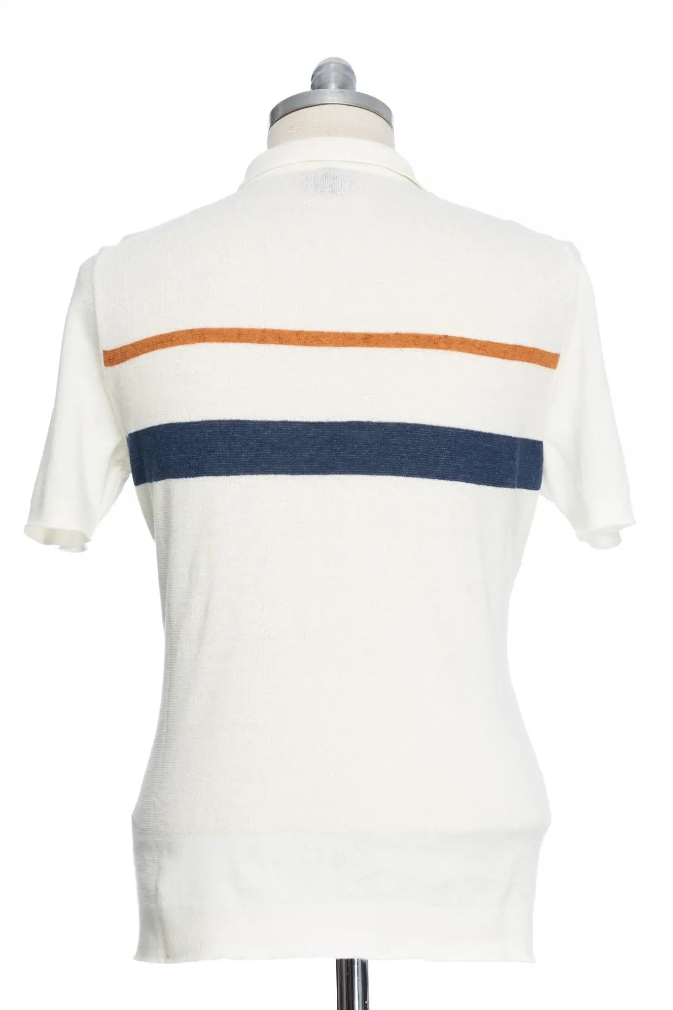 Tricou casual alb cu dunga bleumarin si maro si guler polo