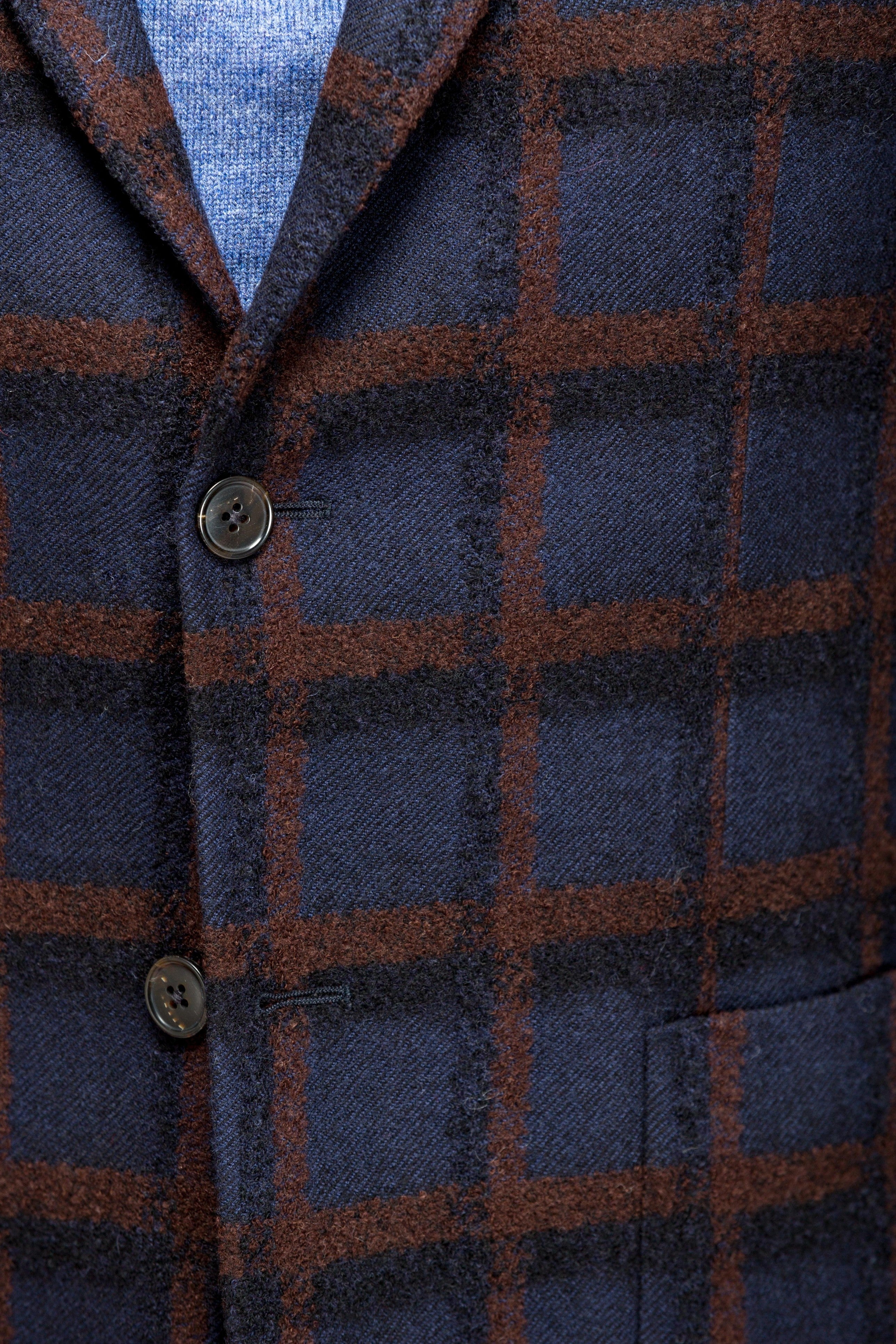 Sacou bleumarin in carouri maro, slim fit