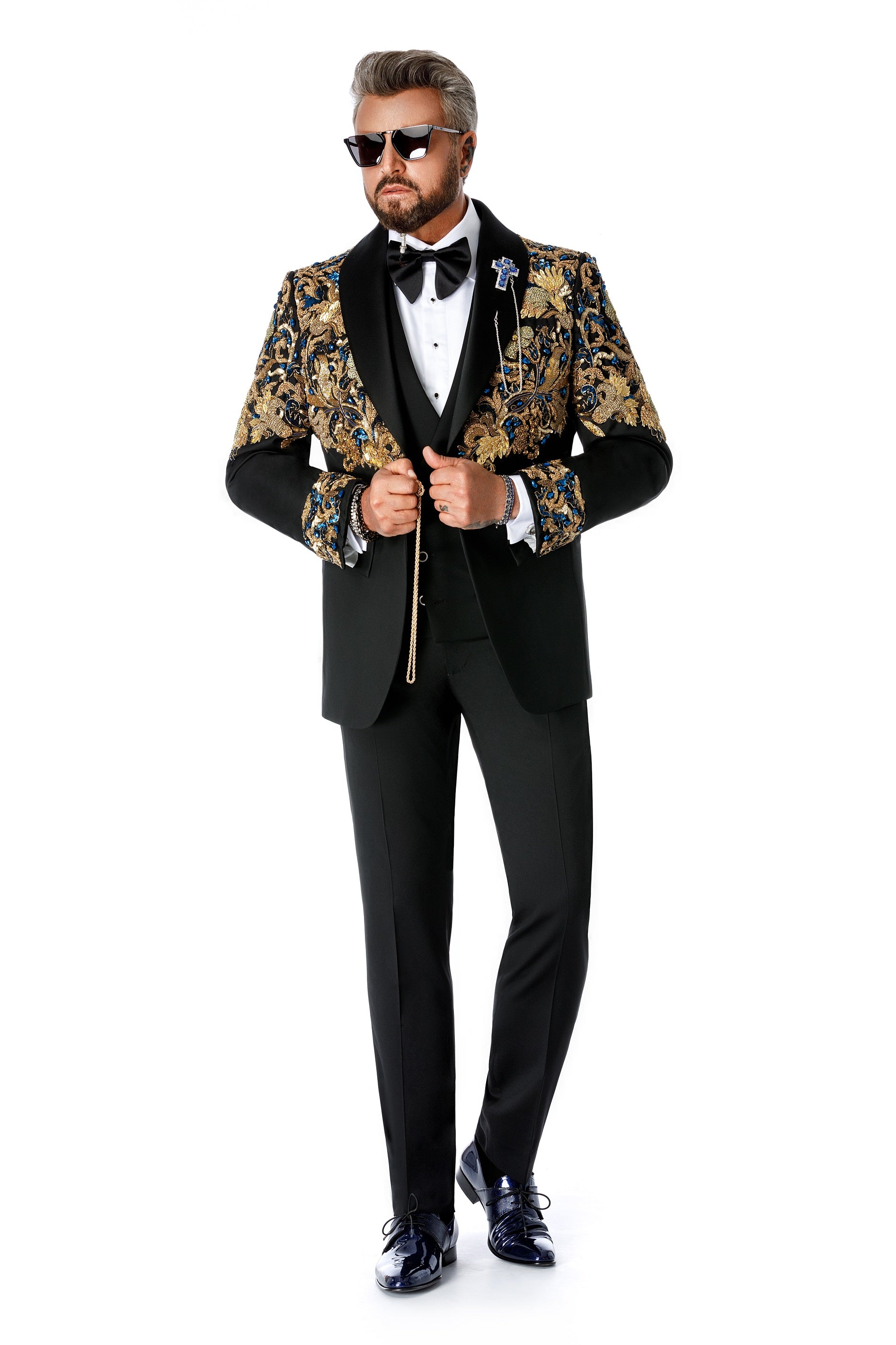 Wool tuxedo jacket with embroidery and natural stones