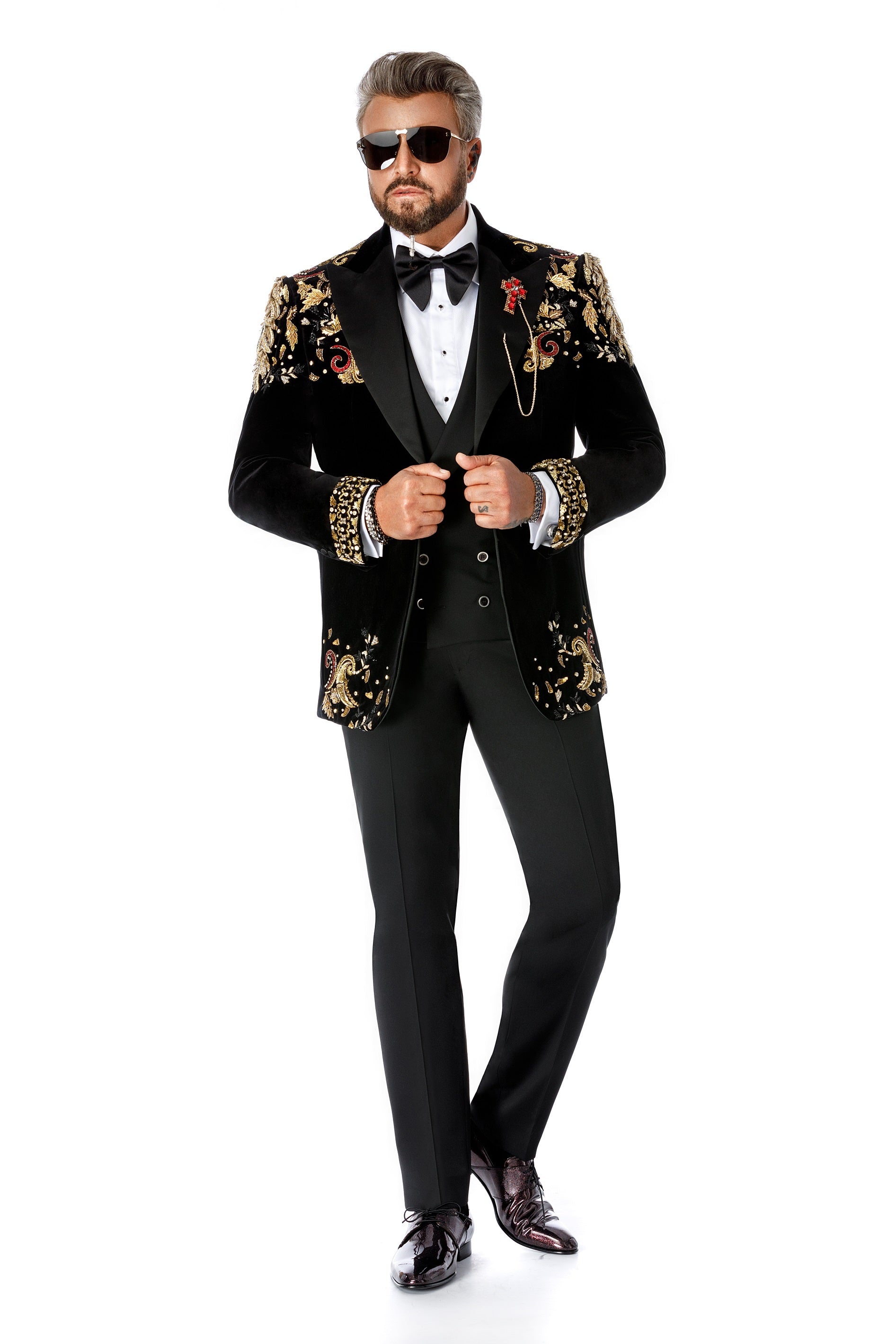 Black velvet tuxedo jacket with embroidery and natural stones