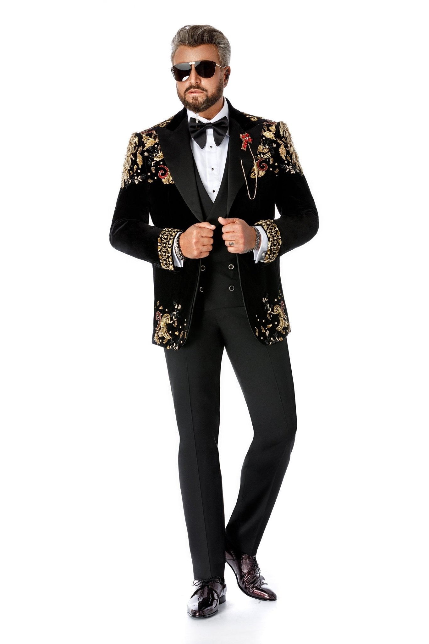 Sacou smoking made to measure din catifea neagra cu broderie si pietre naturale - Viggo