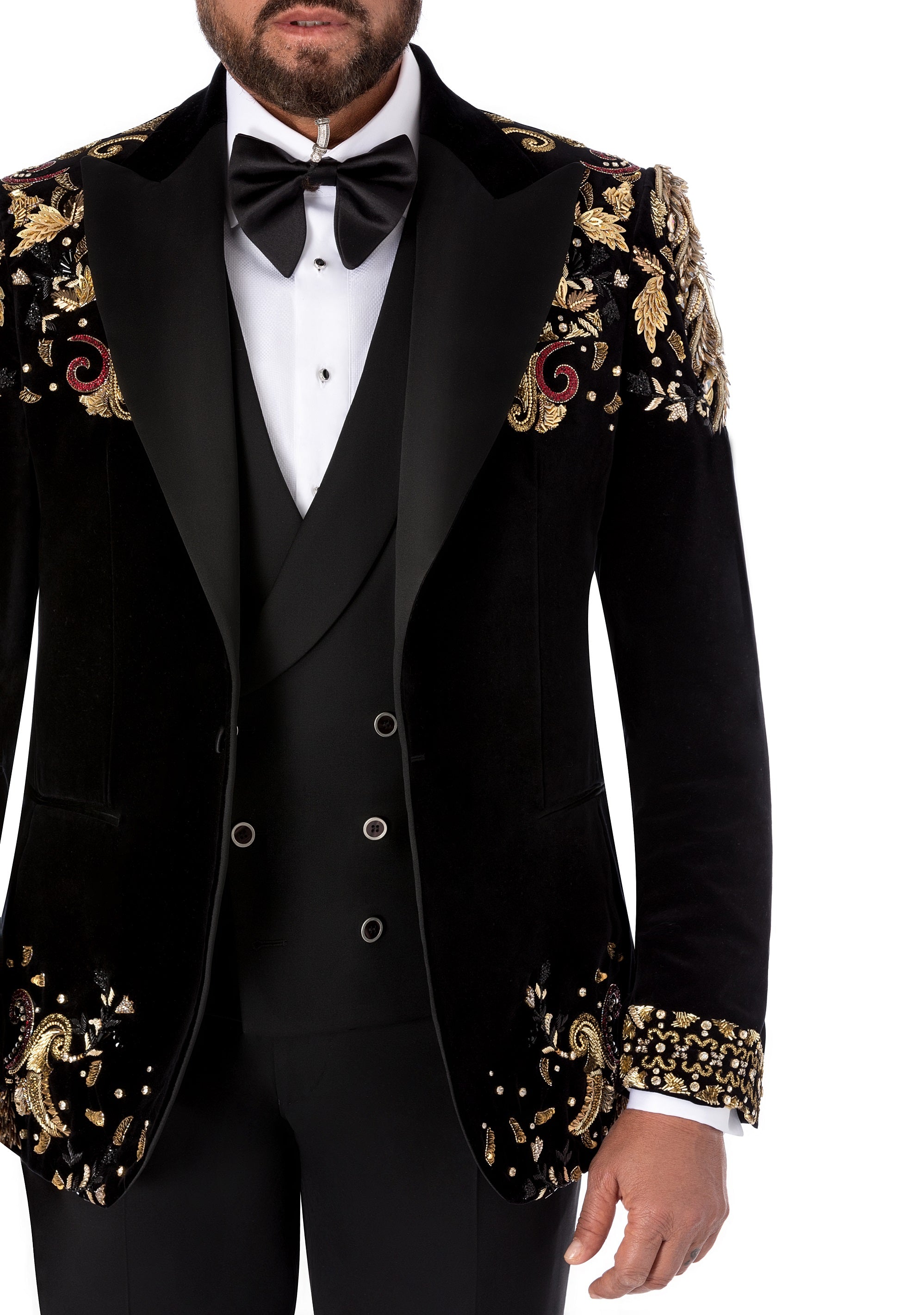 Sacou smoking made to measure din catifea neagra cu broderie si pietre naturale