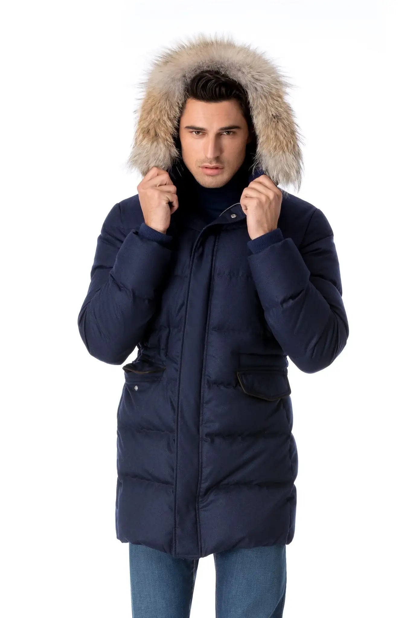 Navy waterproof parka made of virgin wool and down