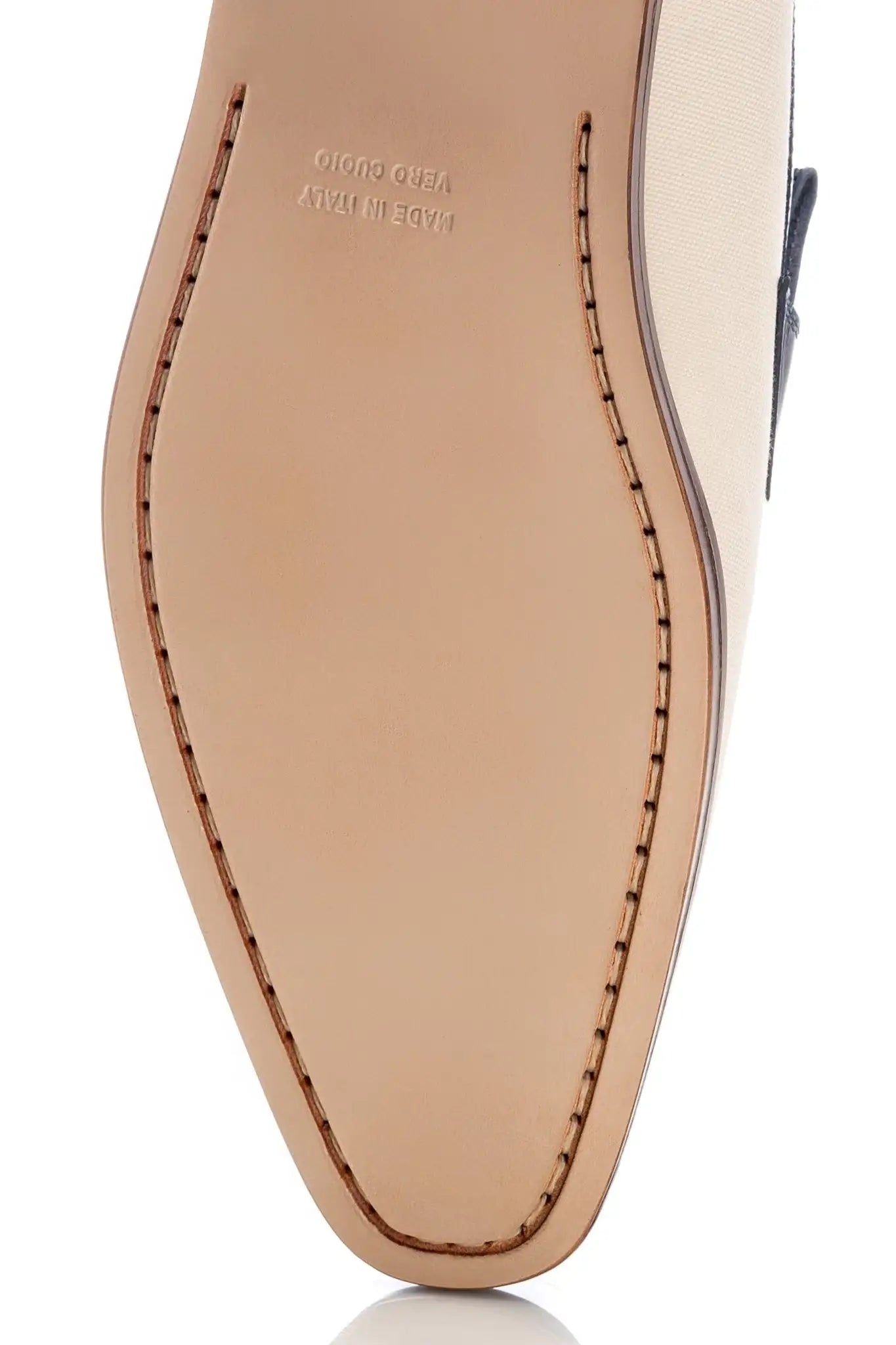 Two-tone leather and textile tassel moccasins