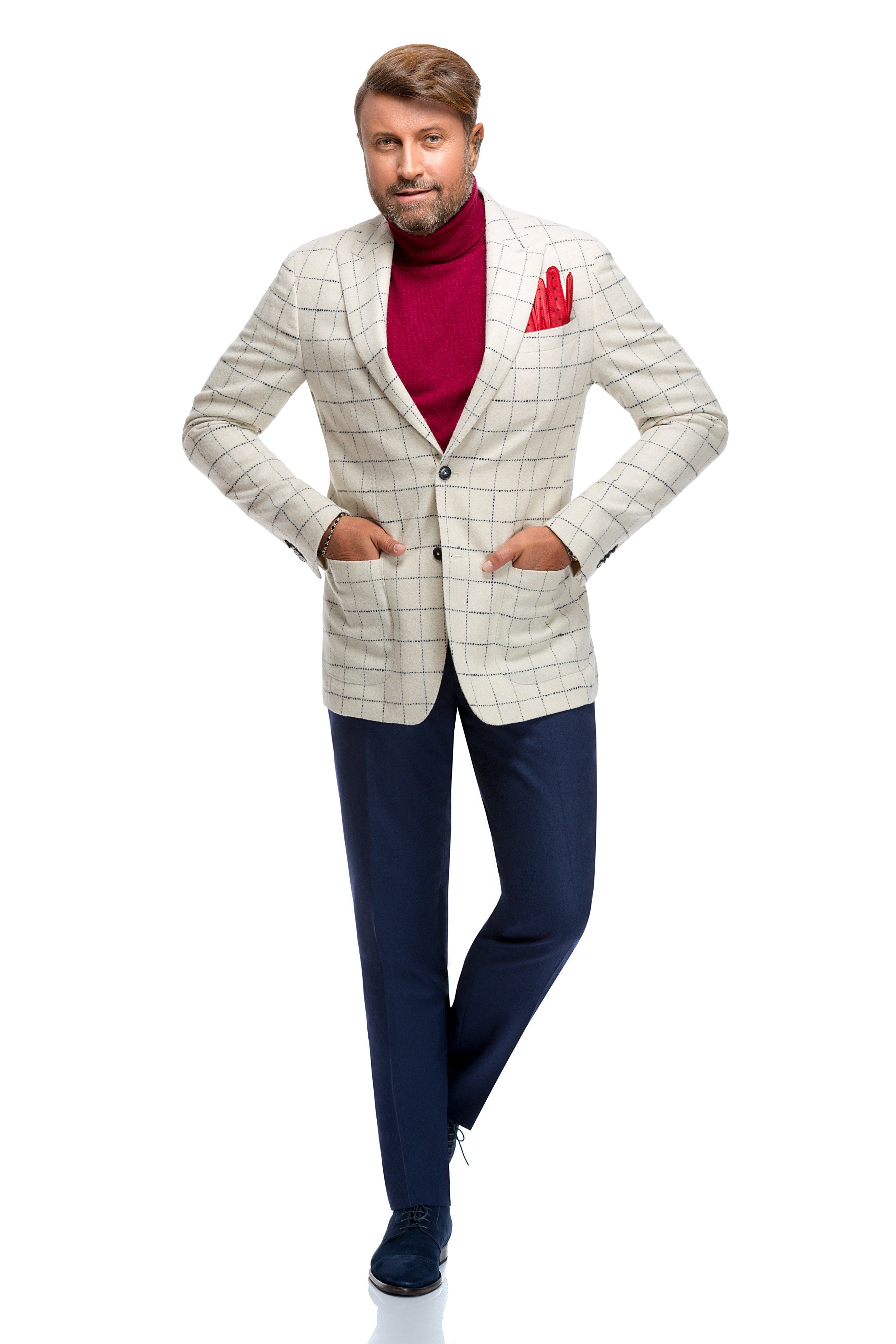 Sacou alb in carouri albastre, slim fit