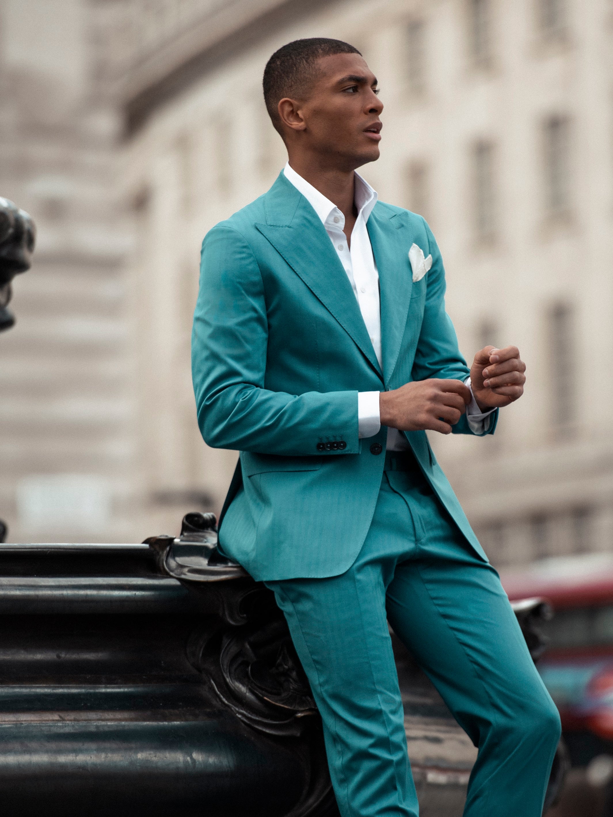 Two-piece turquoise suit with tone-on-tone stripes, tailored fit