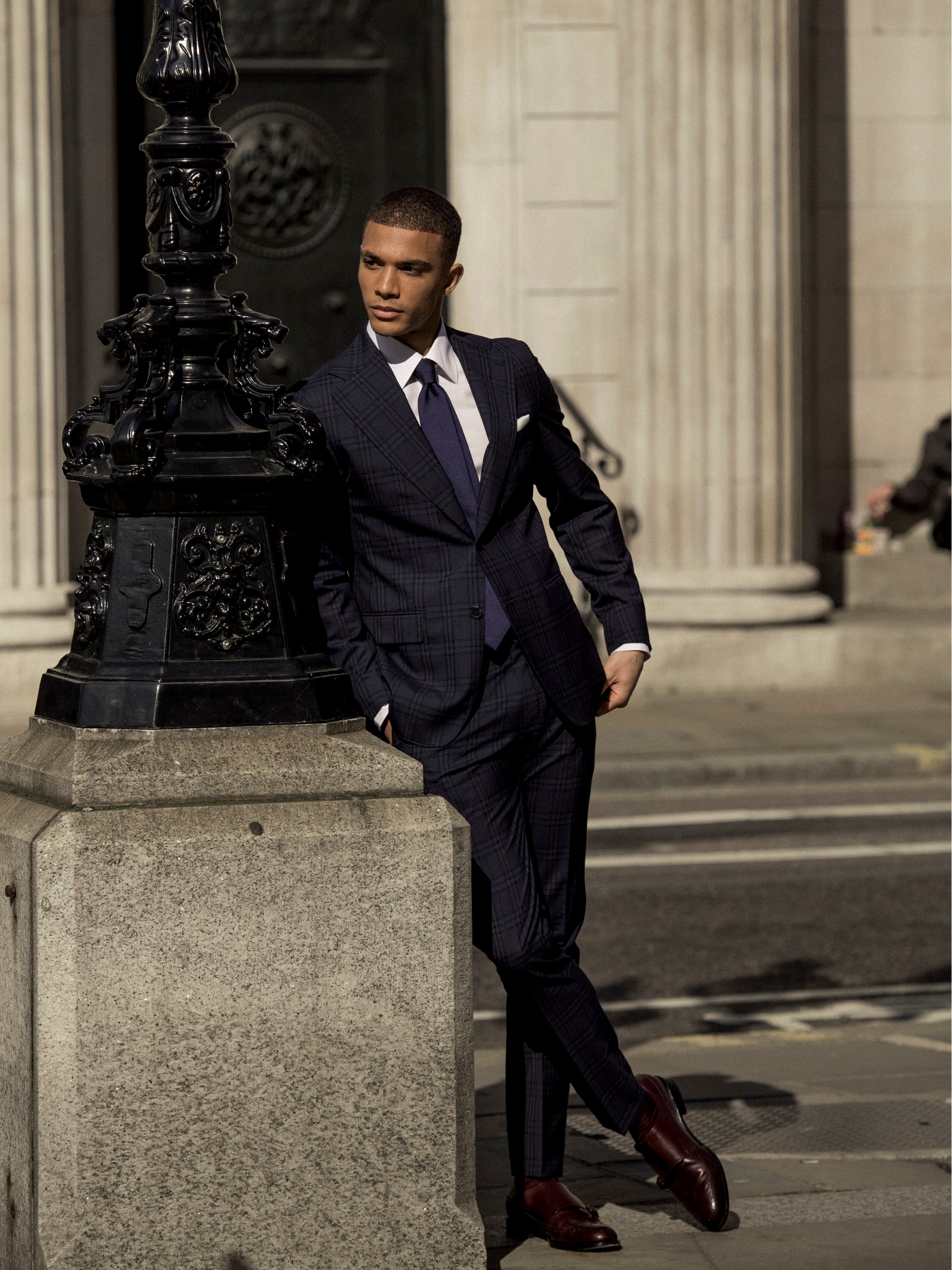 Two-piece navy plaid suit, tailored fit