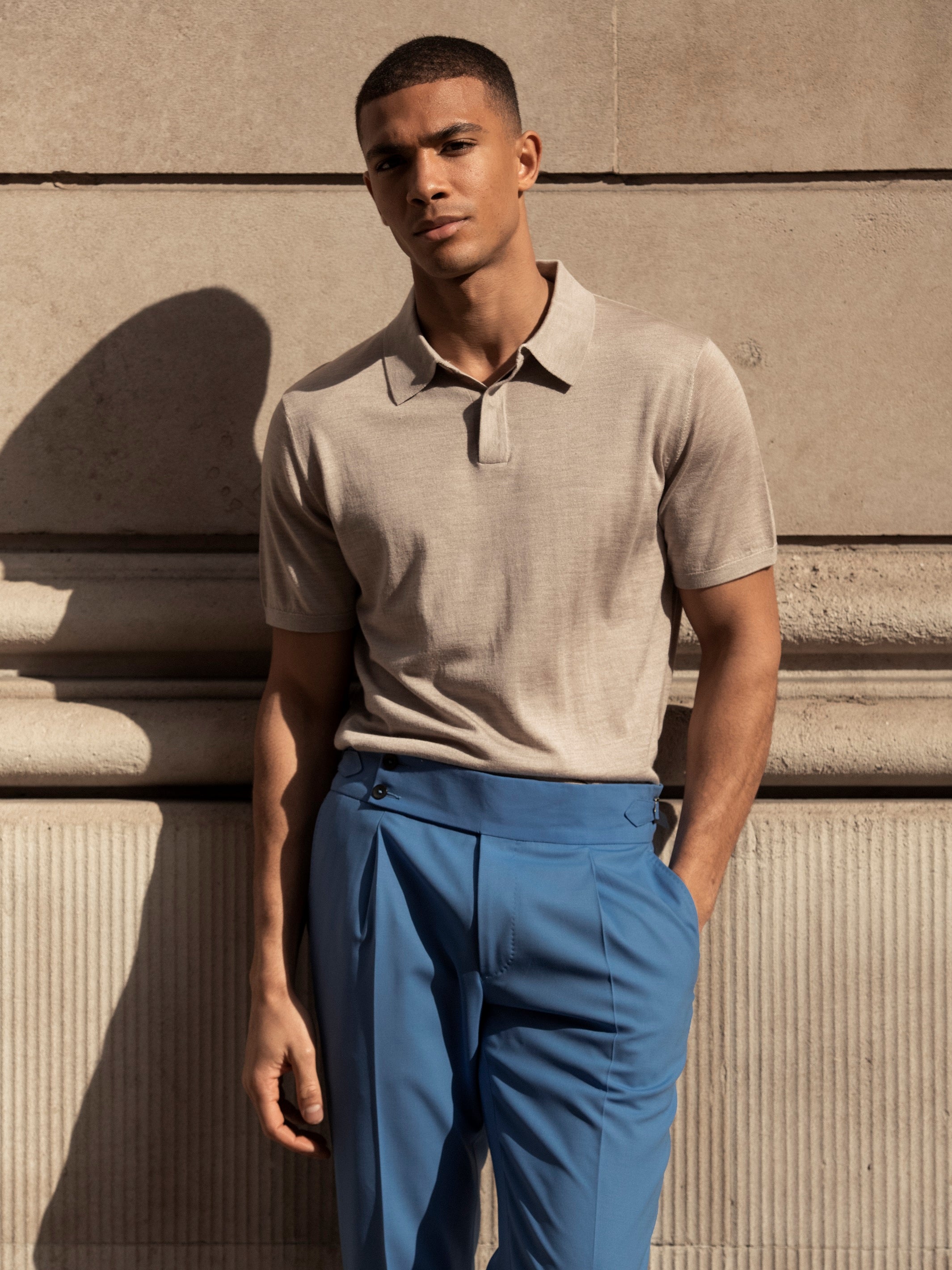 Beige polo shirt made of natural silk and merino wool