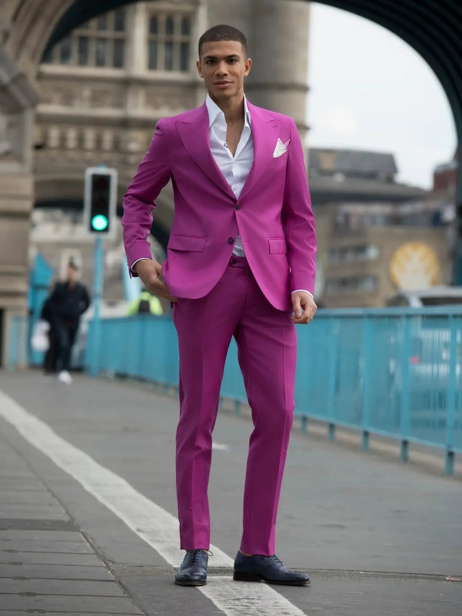 Two-piece fuchsia suit, tailored fit