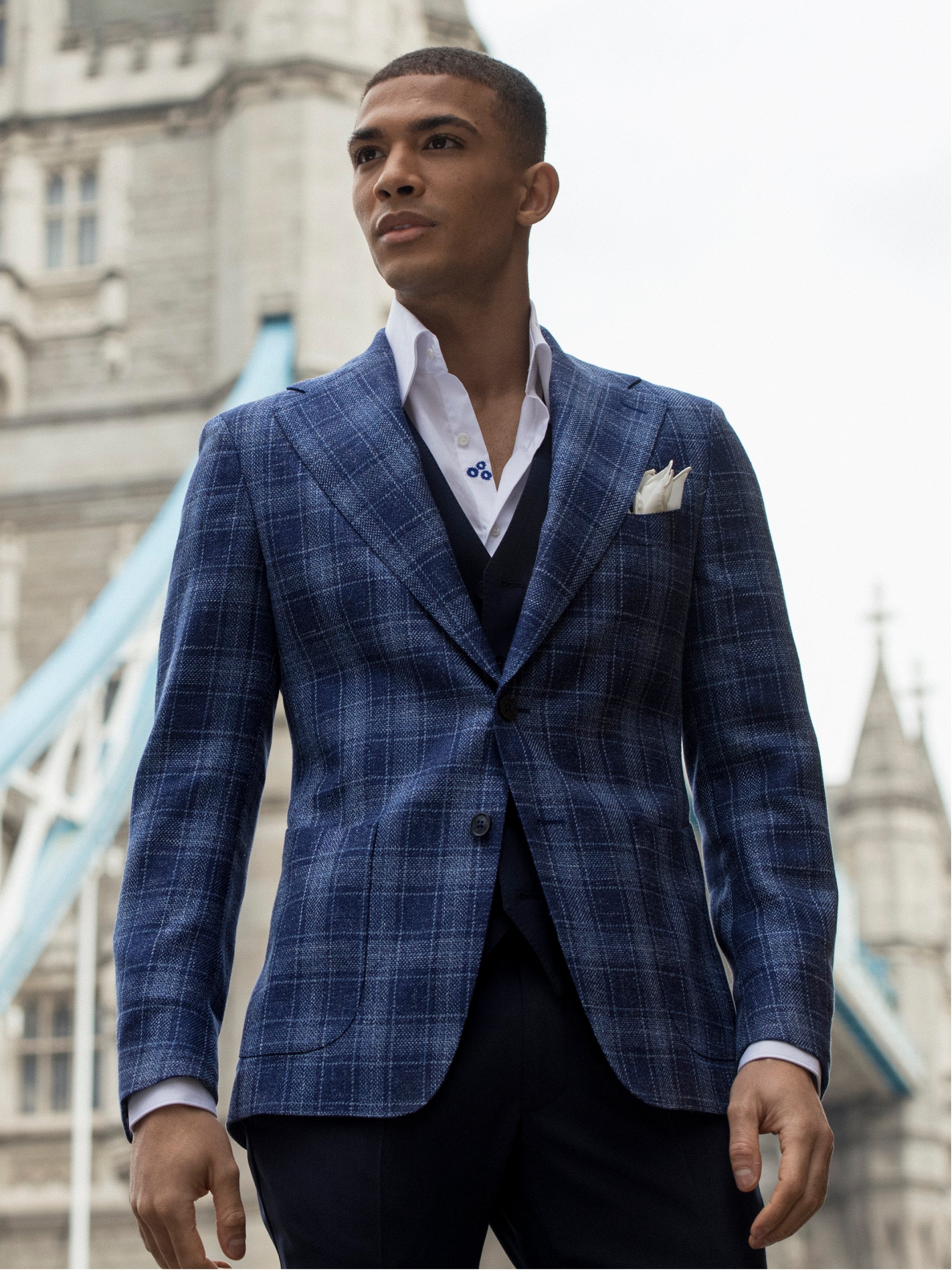 Sacou navy check, tailored fit