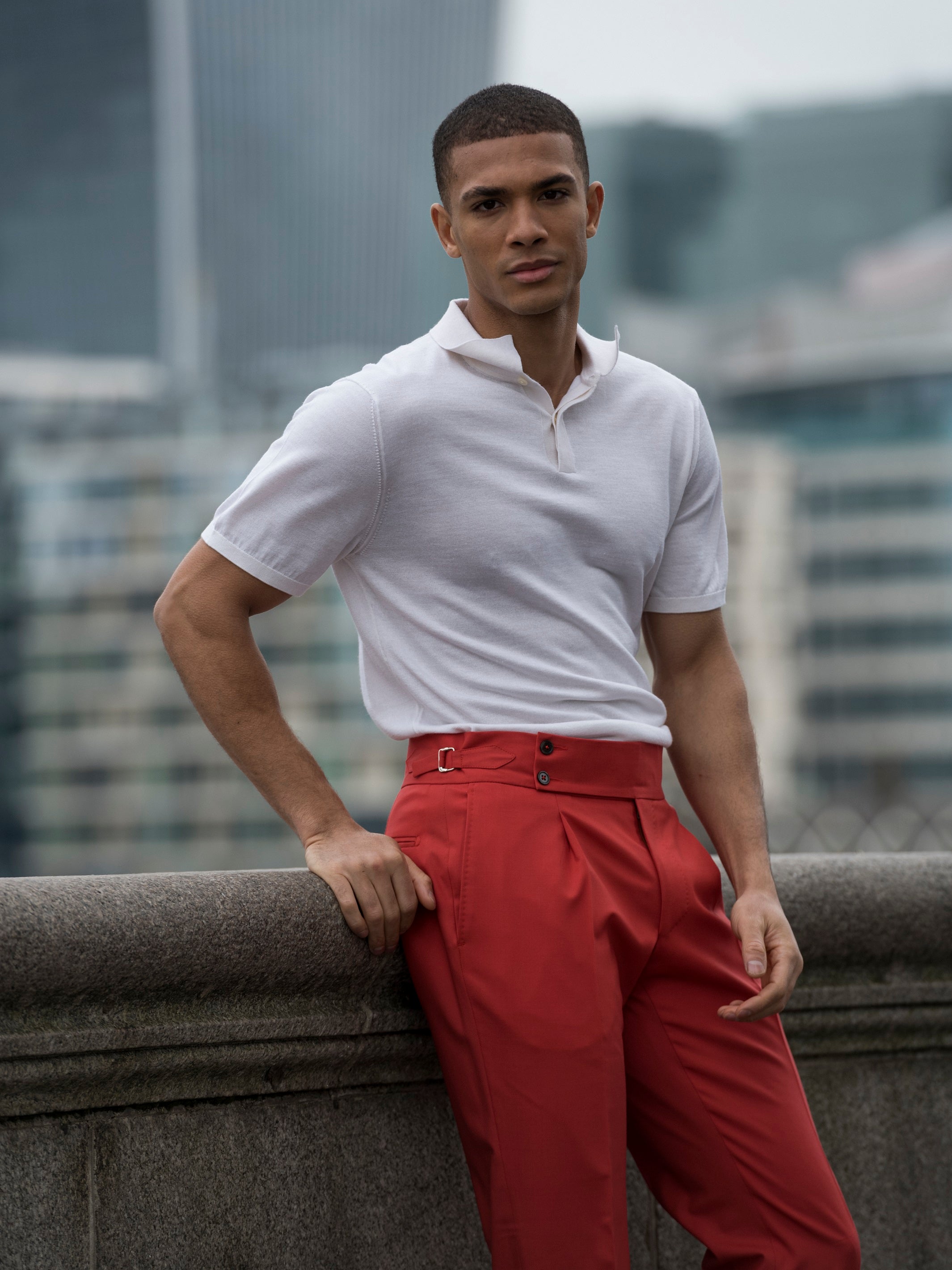 White polo shirt made of natural silk and merino wool