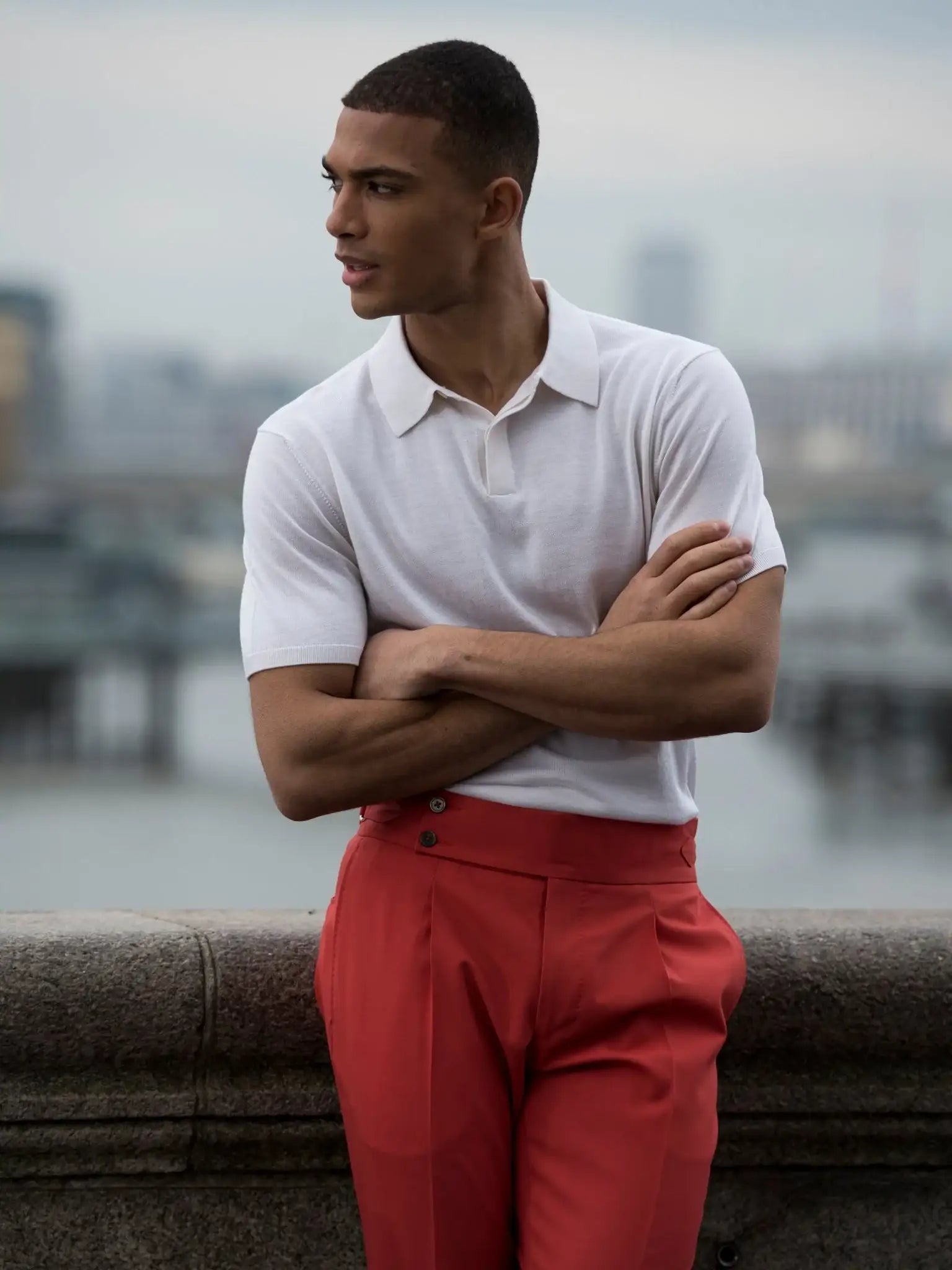 White polo shirt made of natural silk and merino wool