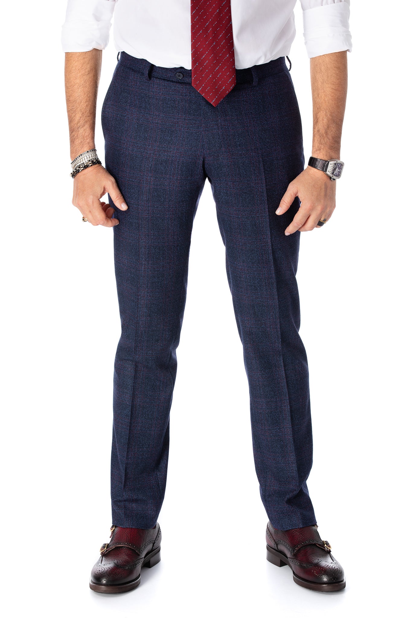 Two-piece suit in Prince of Wales checked navy, tailored fit