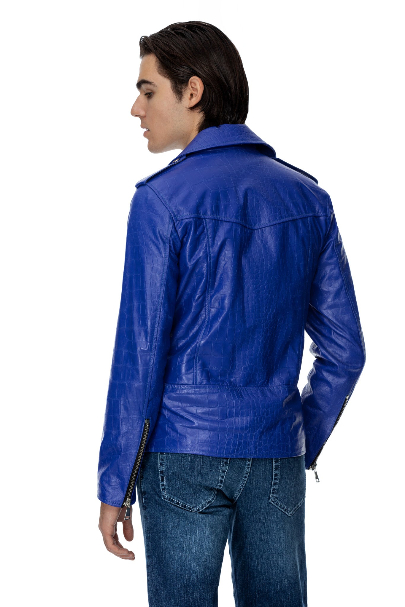 Jacheta biker din piele albastra