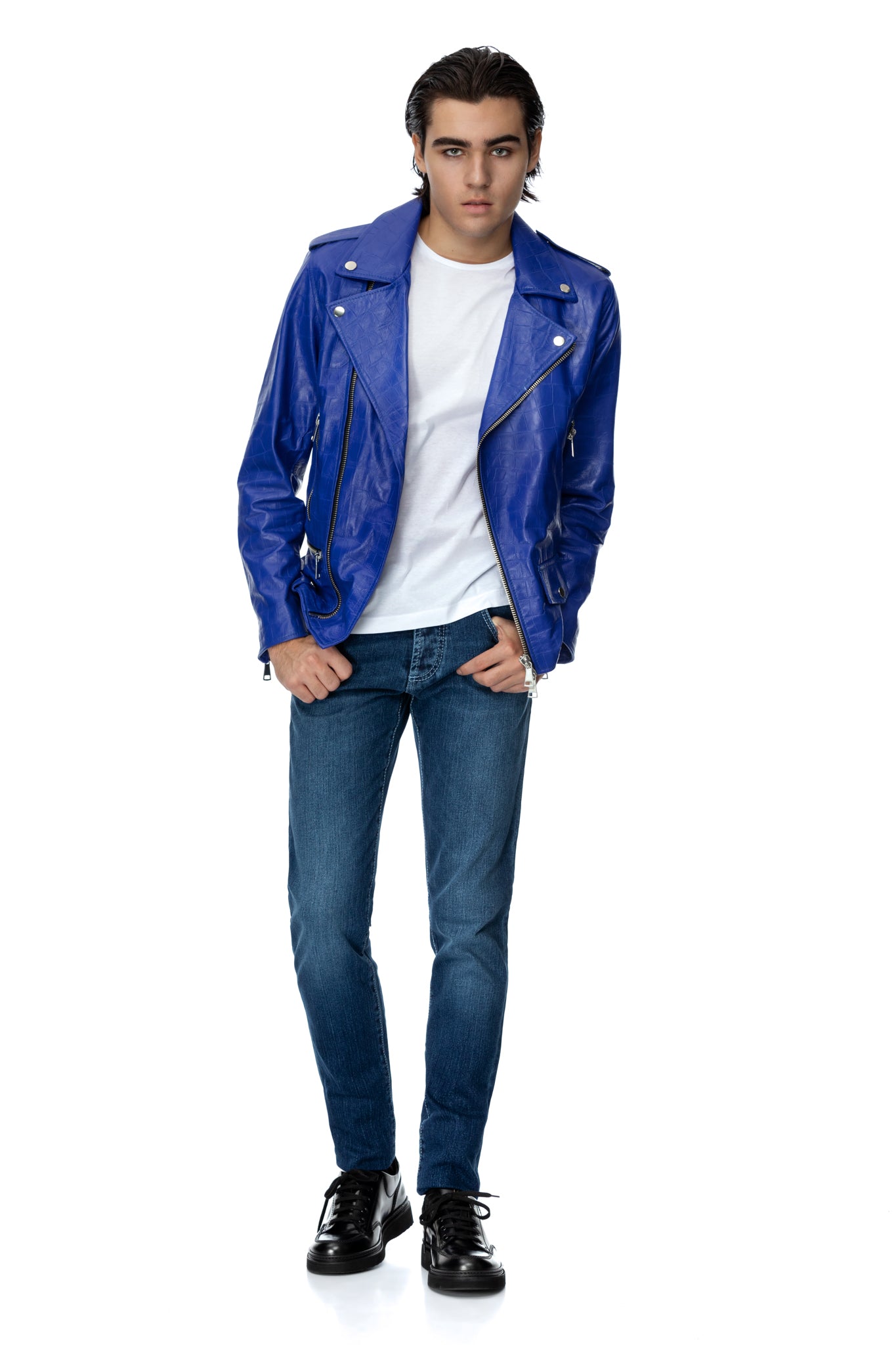 Jacheta biker din piele albastra