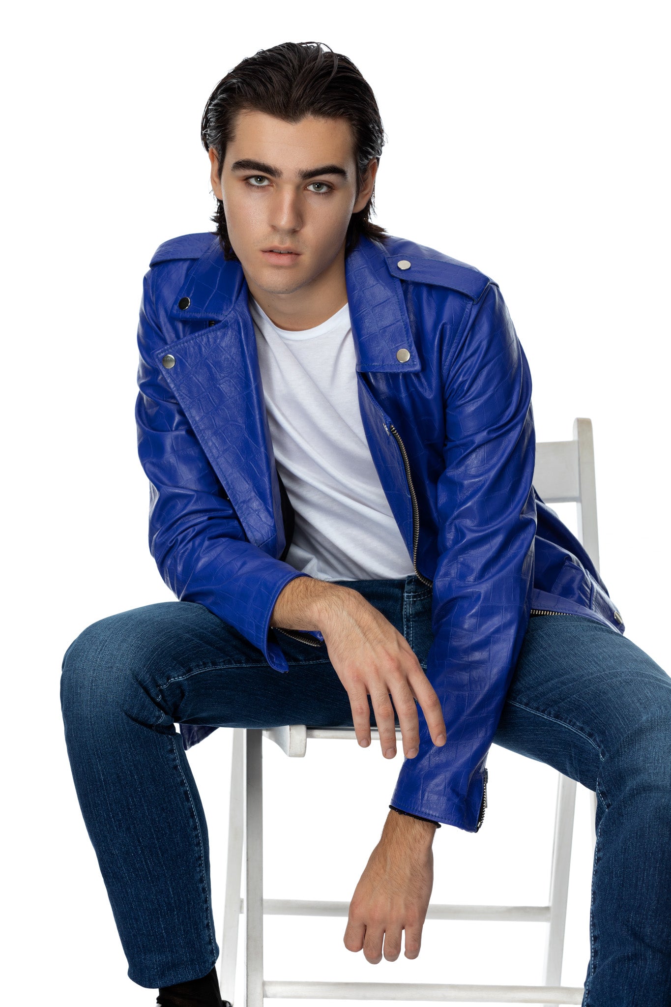 Jacheta biker din piele albastra